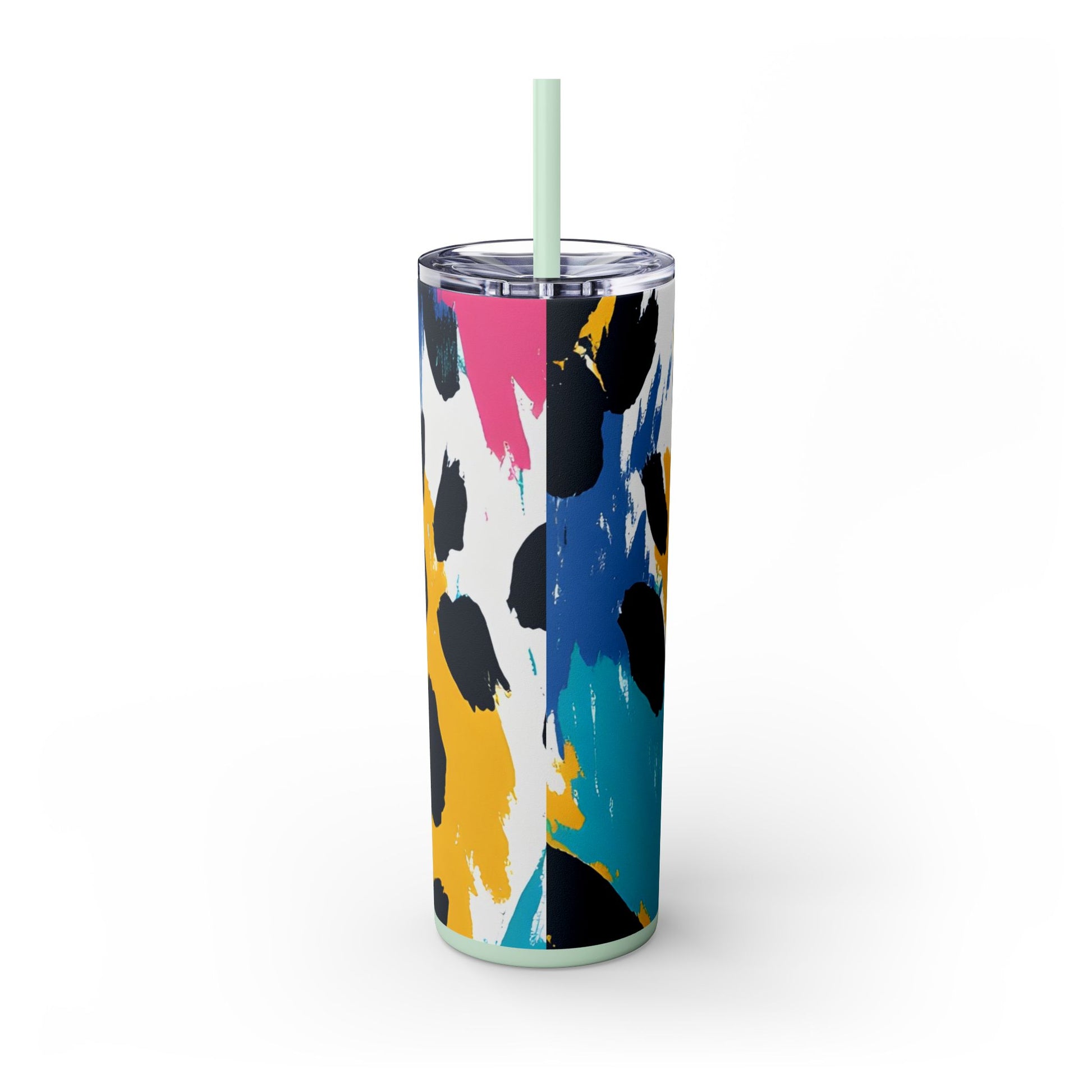Leopard Print x Paint Brush Strokes Multi-Color Skinny Tumbler with Straw, 20oz, Artsulli - Art is Long, Life is Short, Mug, , , , , , , 
