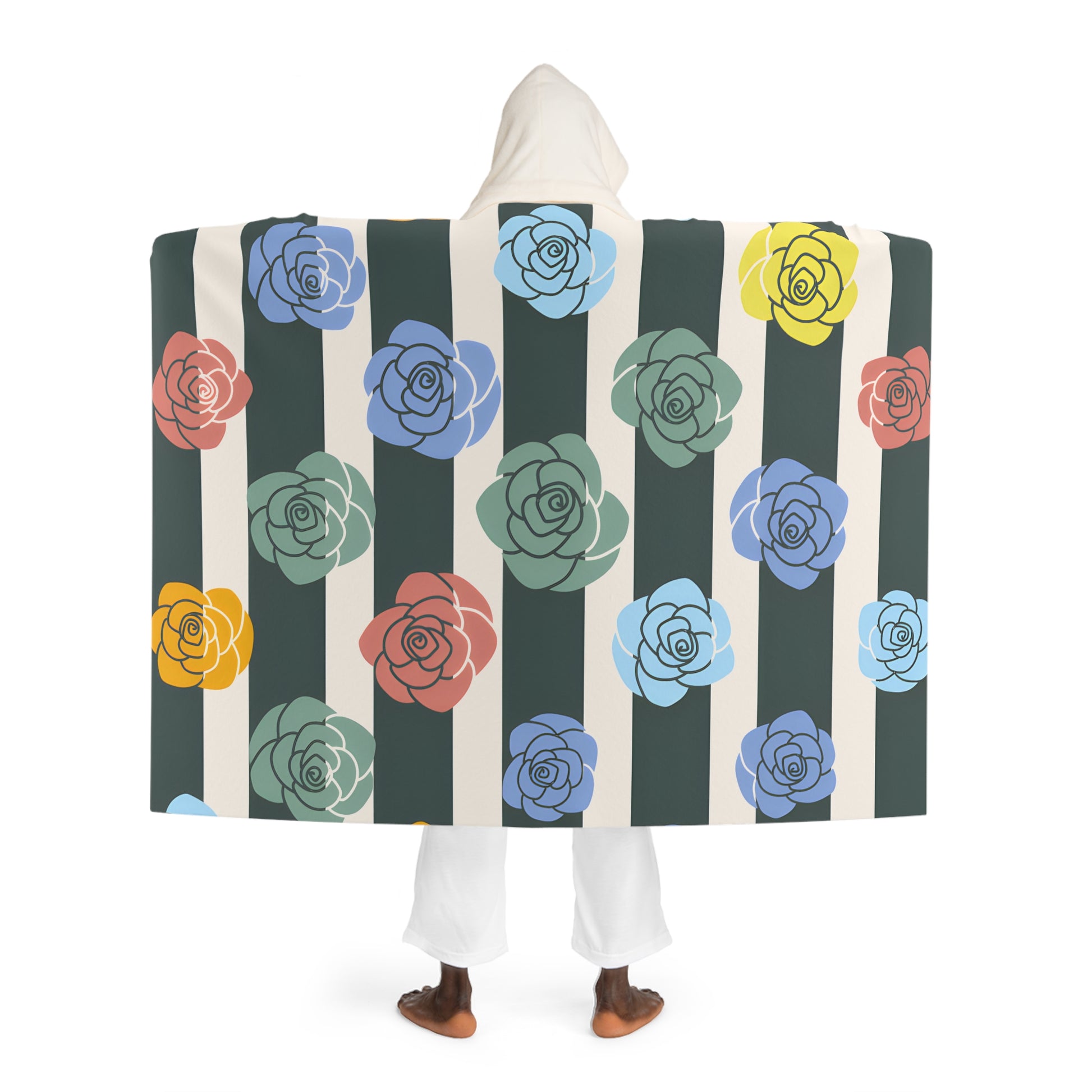 Stripes x Roses II Black and White Hooded Sherpa Fleece Blanket, Artsulli - Art is Long, Life is Short, All Over Prints, , , , , , , 