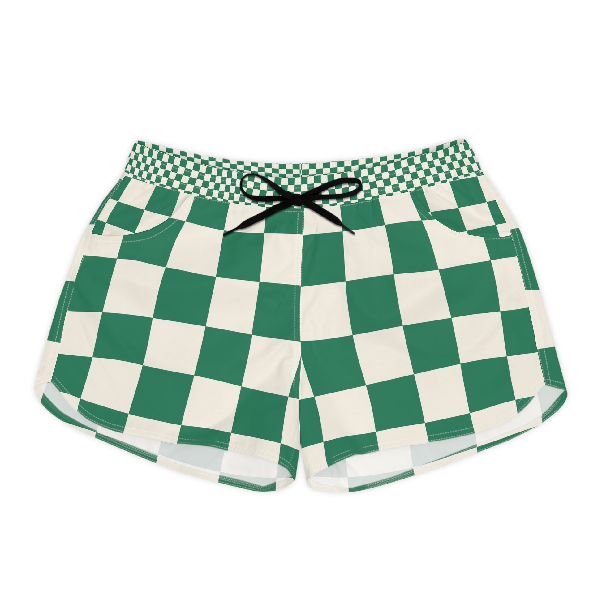 Checkerboard Dark Green Women's Casual Shorts (AOP), Artsulli - Art is Long, Life is Short, All Over Prints, Size, S, Color, Black drawstring, , , 17049276275244232459