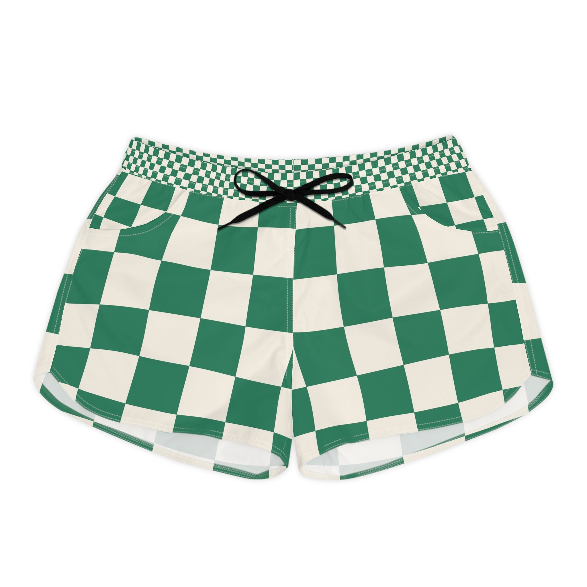 Checkerboard Dark Green Women's Casual Shorts (AOP), Artsulli - Art is Long, Life is Short, All Over Prints, Size, S, Color, Black drawstring, , , 17049276275244232459