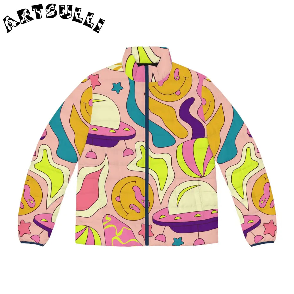 JAKKOUTTHEBXX Trippy Spaceships Pink Men’s Puffer Jacket (AOP)