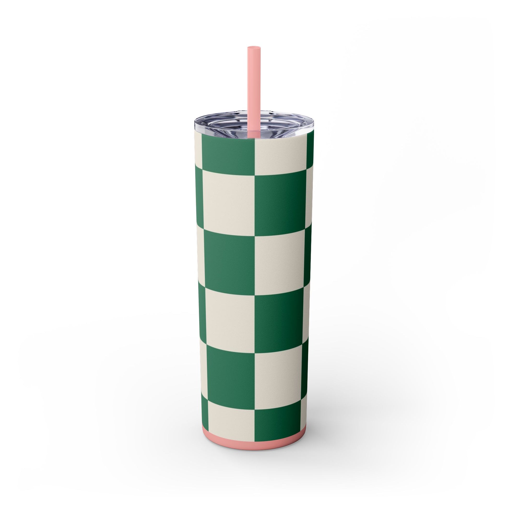 Checkerboard Dark Green Skinny Tumbler with Straw, 20oz, Artsulli - Art is Long, Life is Short, Mug, , , , , , , 