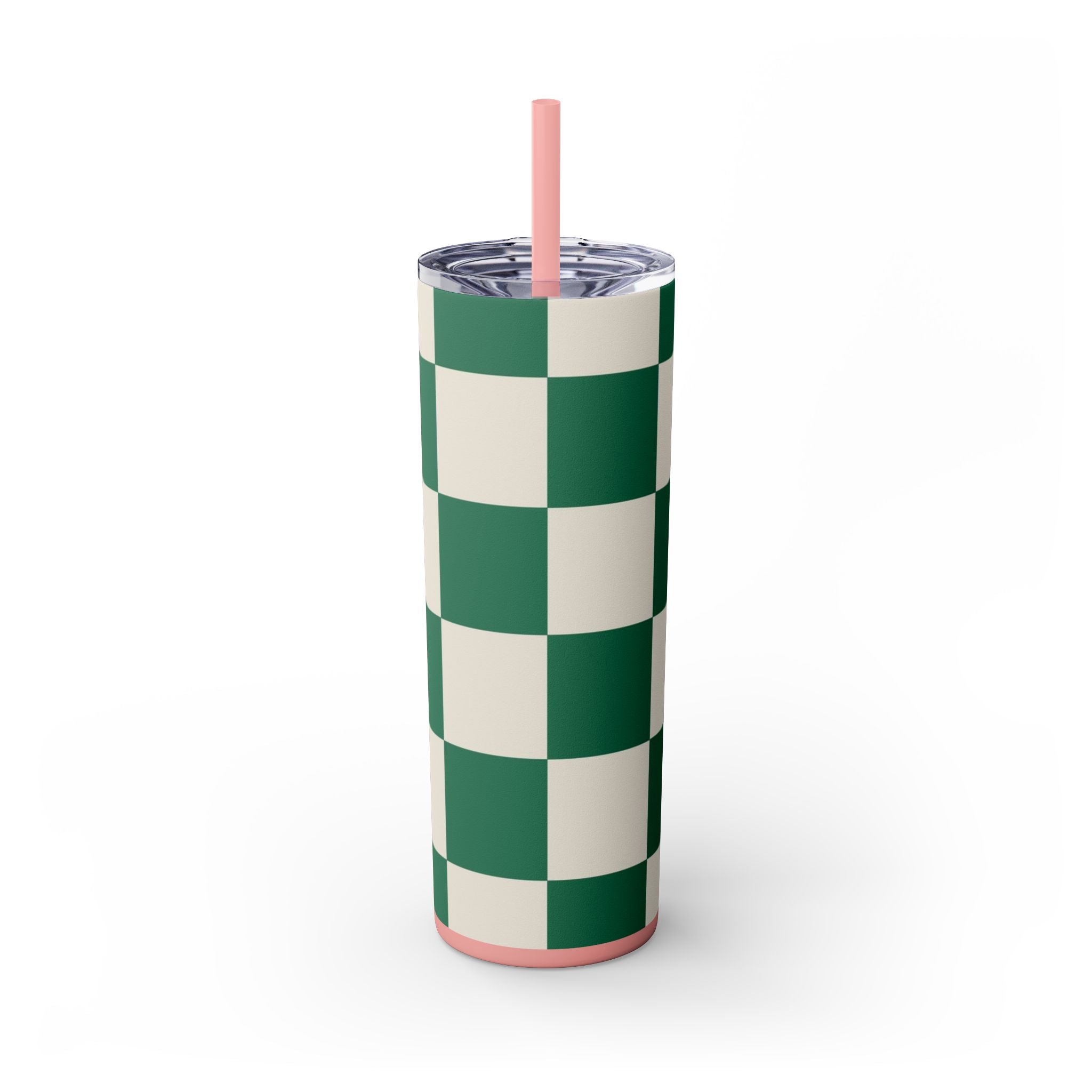 Checkerboard Dark Green Skinny Tumbler with Straw, 20oz, Artsulli - Art is Long, Life is Short, Mug, , , , , , , 