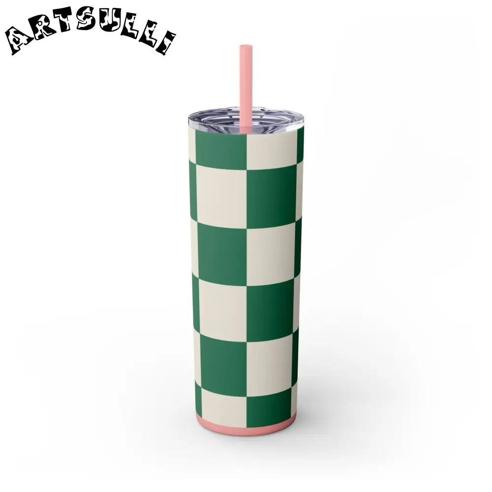 JAKKOUTTHEBXX Checkerboard Dark Green Skinny Tumbler with Straw 20oz