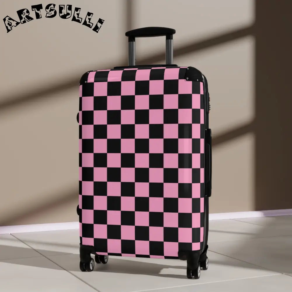JAKKOUTTHEBXX Checkerboard Black and Pink Suitcase JAKKOUTTHEBXX