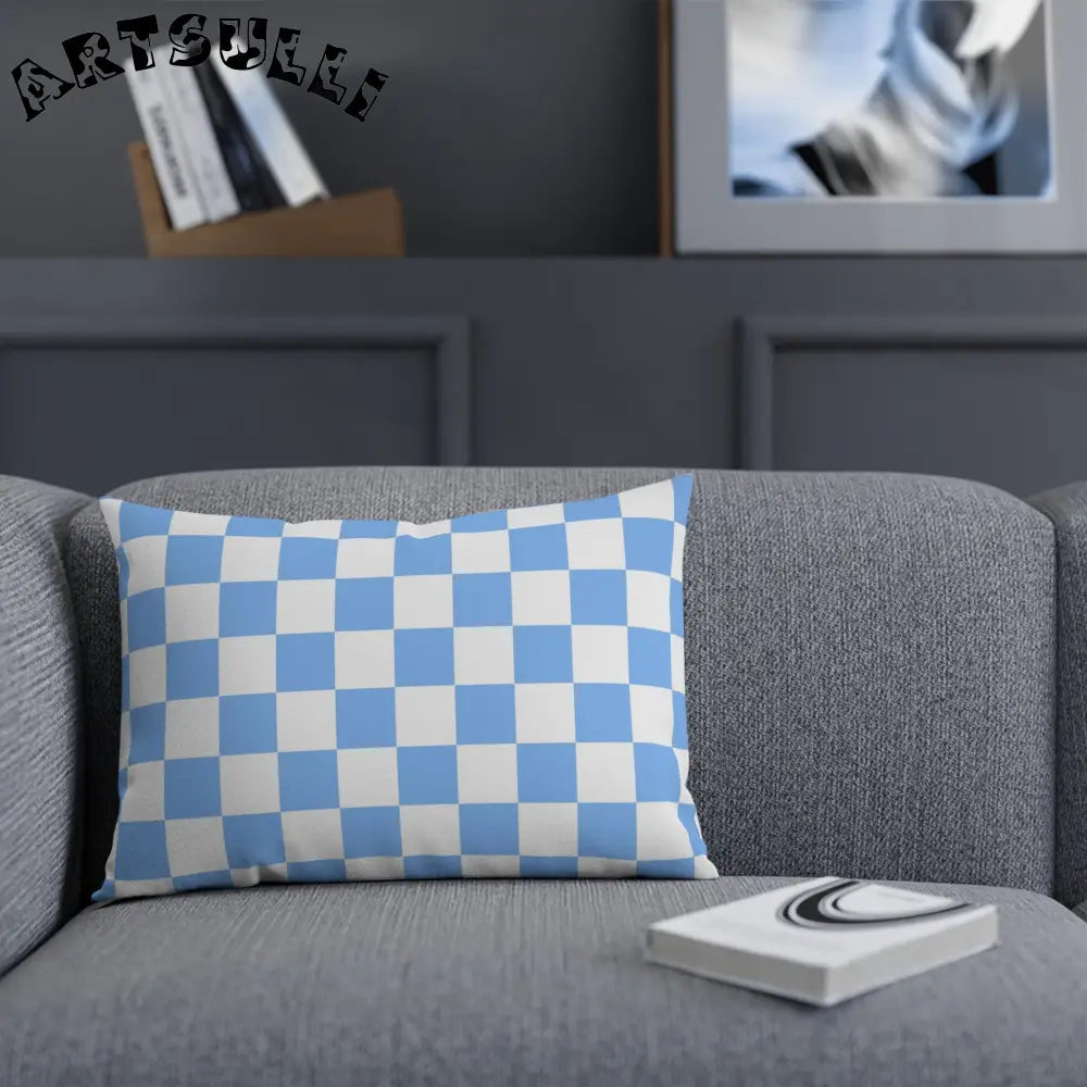 JAKKOUTTHEBXX Checkerboard White and Light Blue Cushion