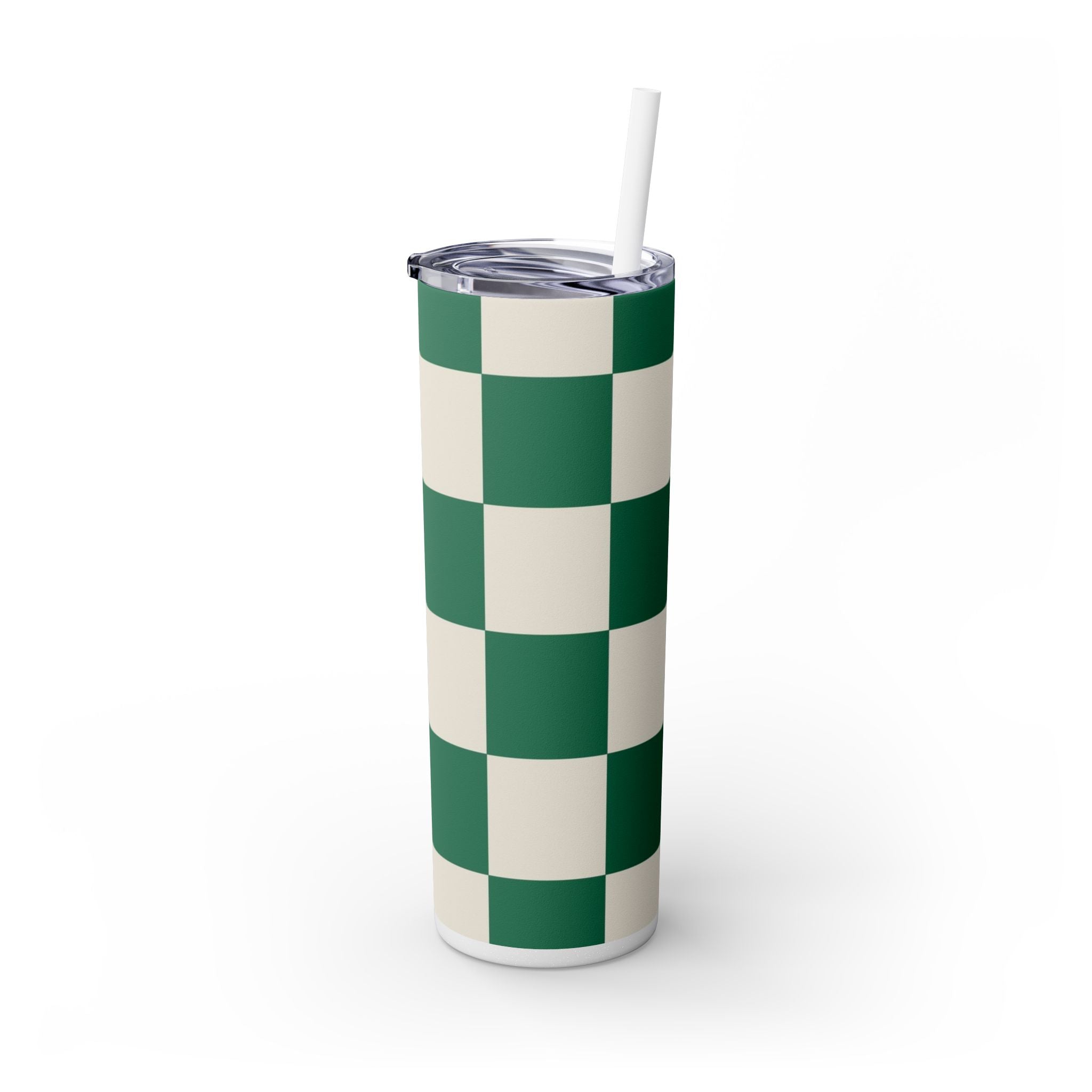 Checkerboard Dark Green Skinny Tumbler with Straw, 20oz, Artsulli - Art is Long, Life is Short, Mug, , , , , , , 