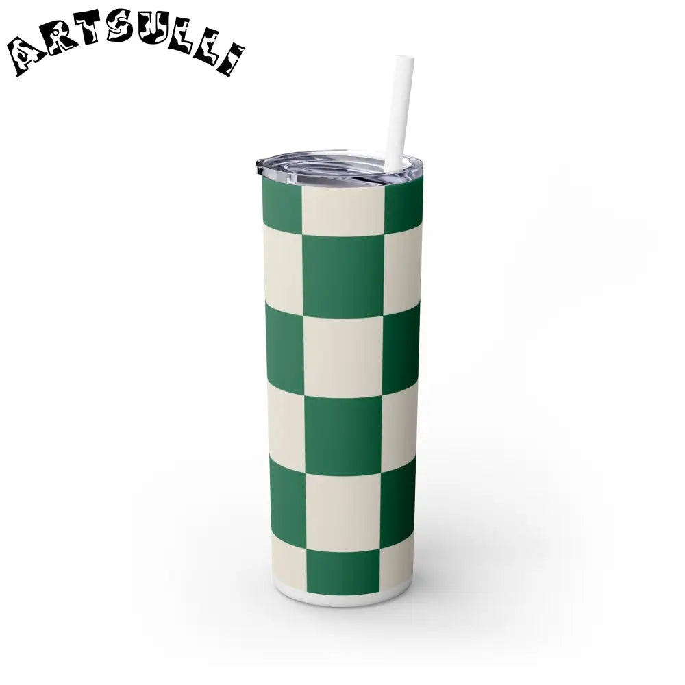 JAKKOUTTHEBXX Checkerboard Dark Green Skinny Tumbler with Straw 20oz