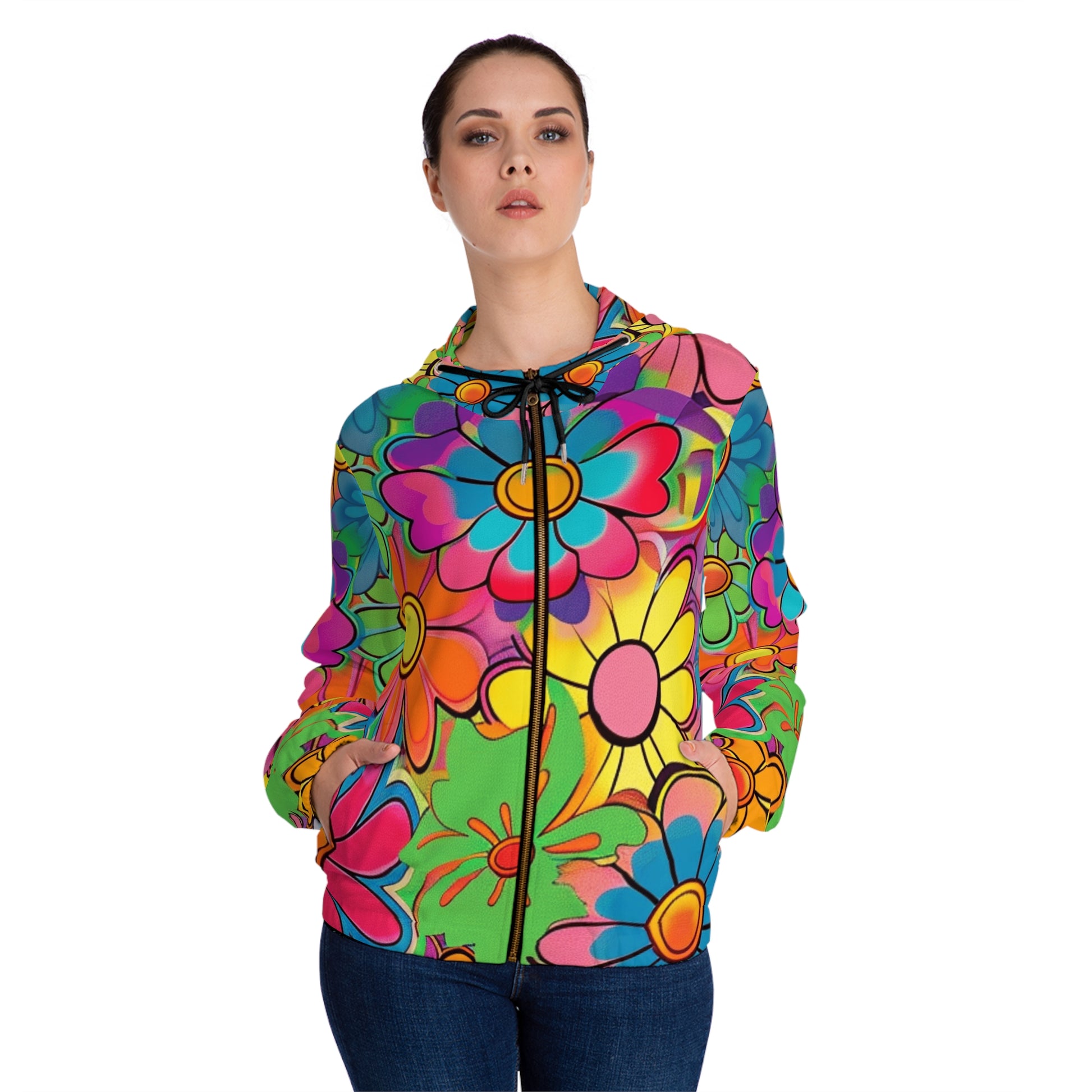 Chromatic Daisy Dream Women’s Full-Zip Hoodie (AOP), Artsulli - Art is Long, Life is Short, All Over Prints, , , , , , , 