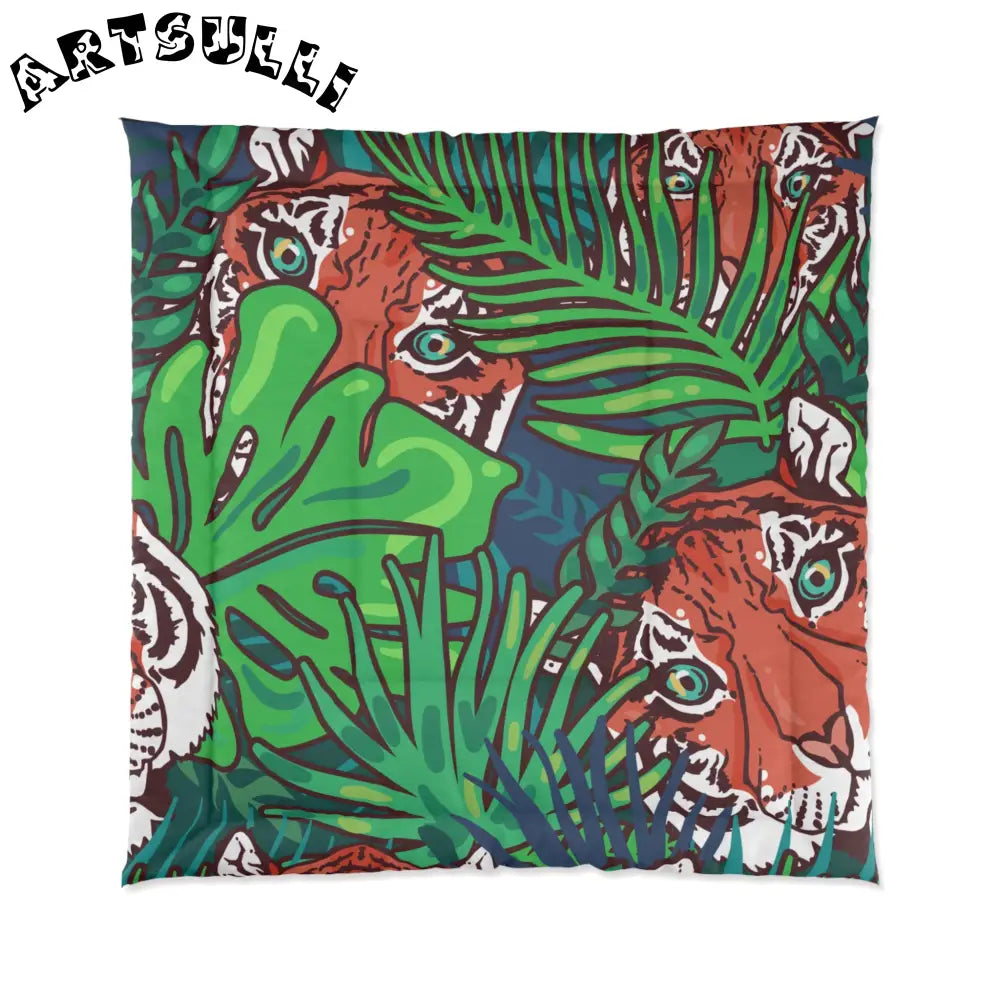 JAKKOUTTHEBXX Tropical Jungle Tigers Blue and Green Comforter
