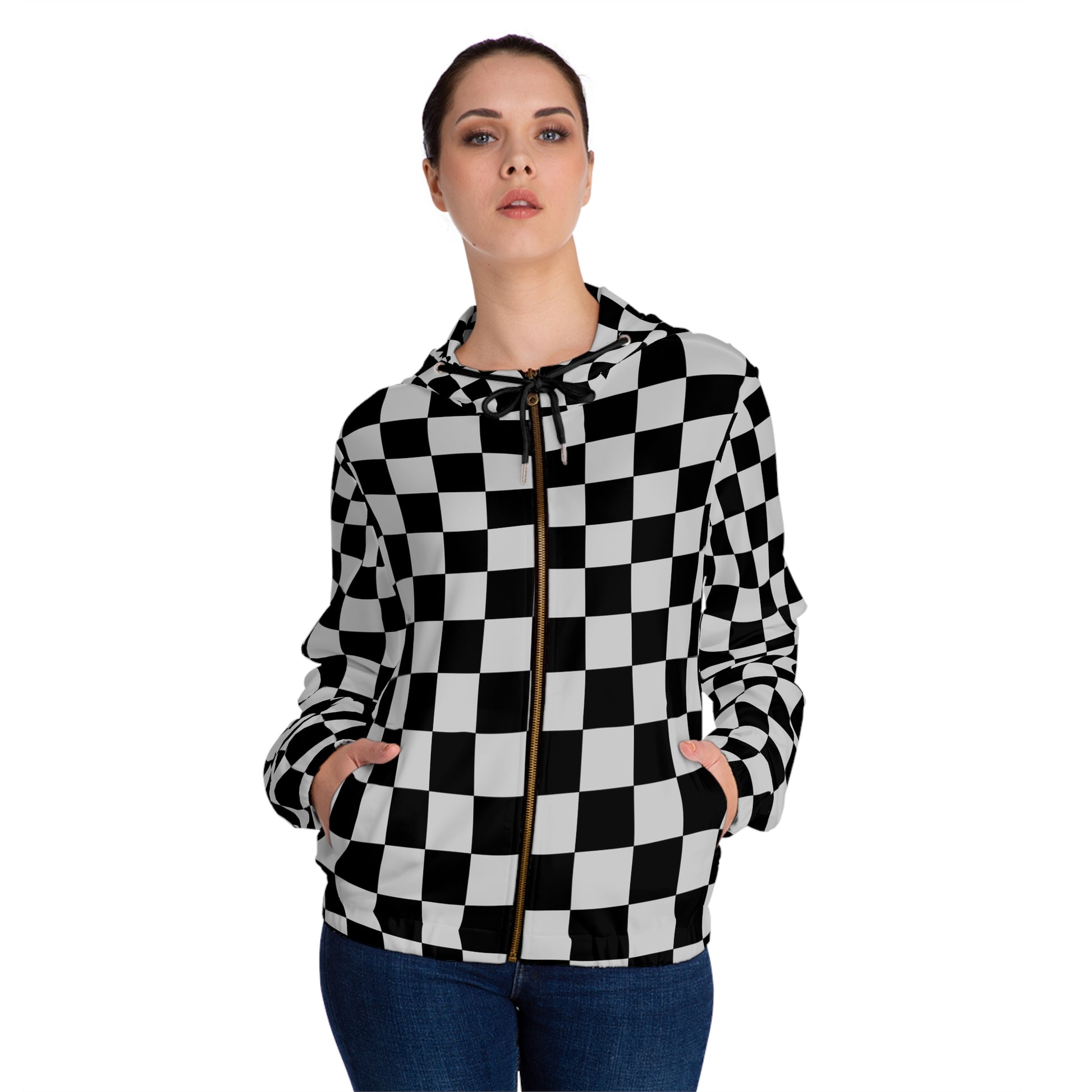 Checkerboard Dada Black and Light Gray Women’s Full-Zip Hoodie (AOP), Artsulli - Art is Long, Life is Short, All Over Prints, , , , , , , 