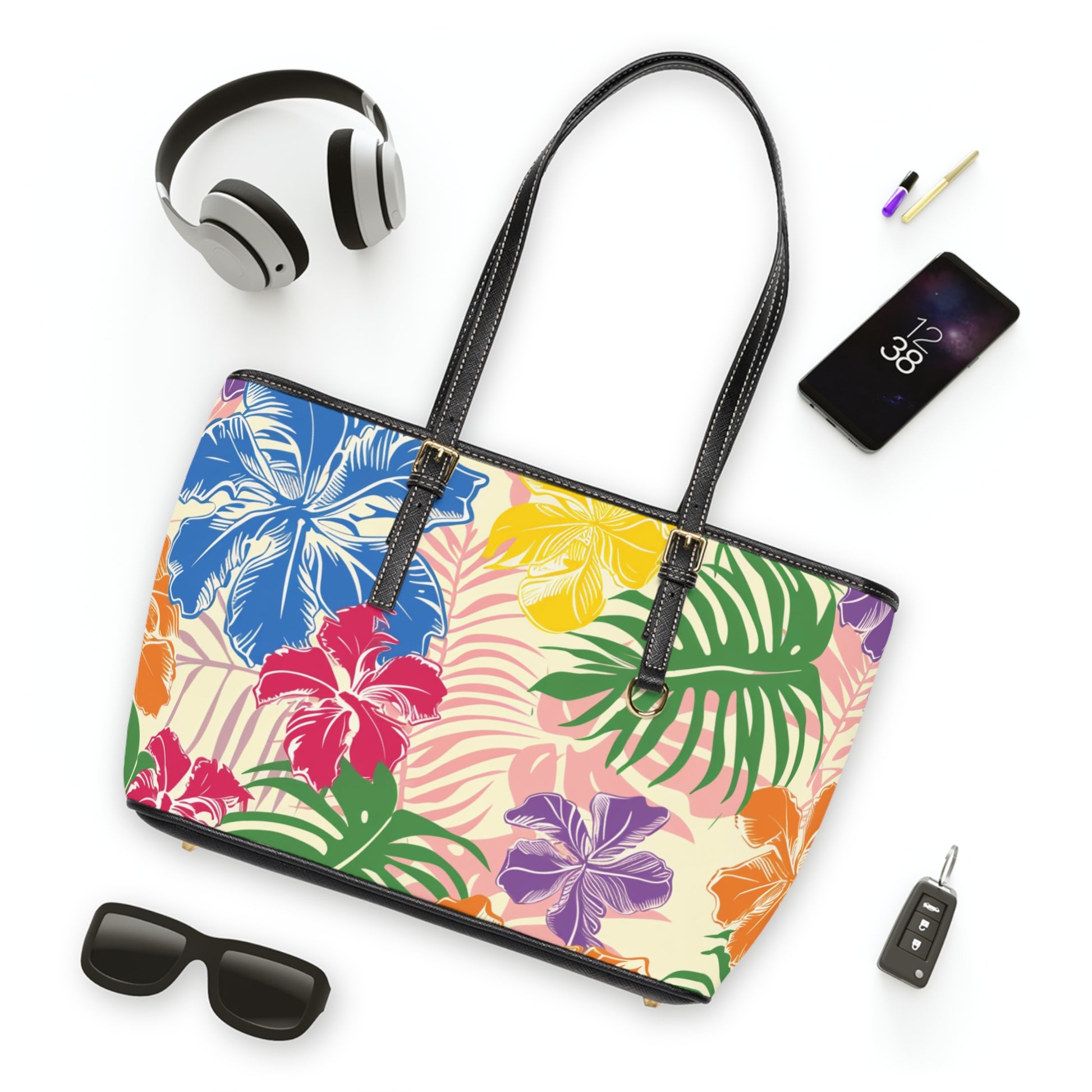 Blooming Tropical Flowers PU Leather Shoulder Bag, Artsulli - Art is Long, Life is Short, Bags, , , , , , , 
