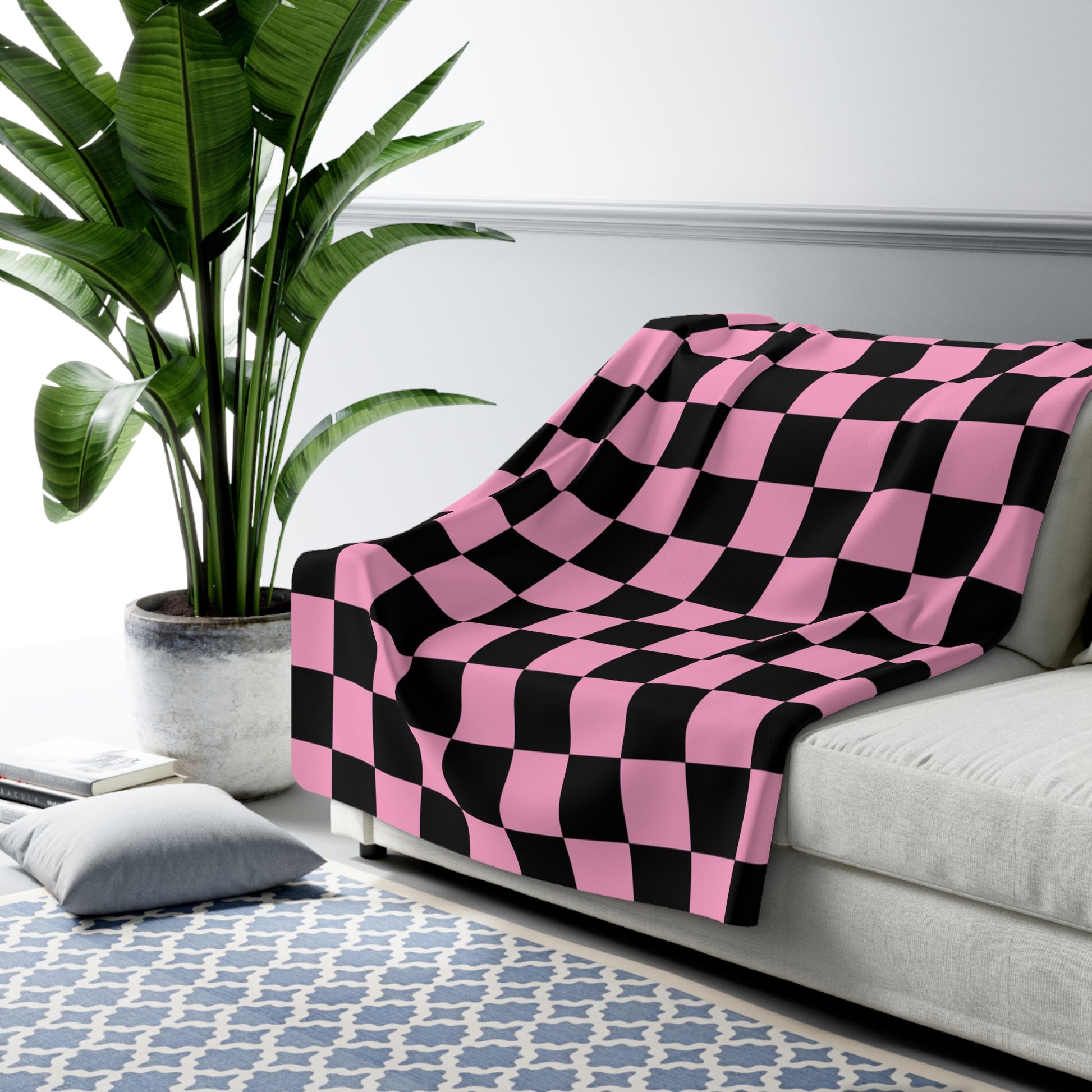 Checkerboard Black and Pink Sherpa Fleece Blanket, Artsulli - Art is Long, Life is Short, Home Decor, , , , , , , 