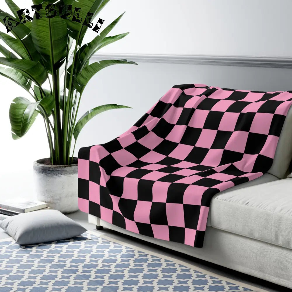 JAKKOUTTHEBXX Checkerboard Black and Pink Sherpa Fleece Blanket
