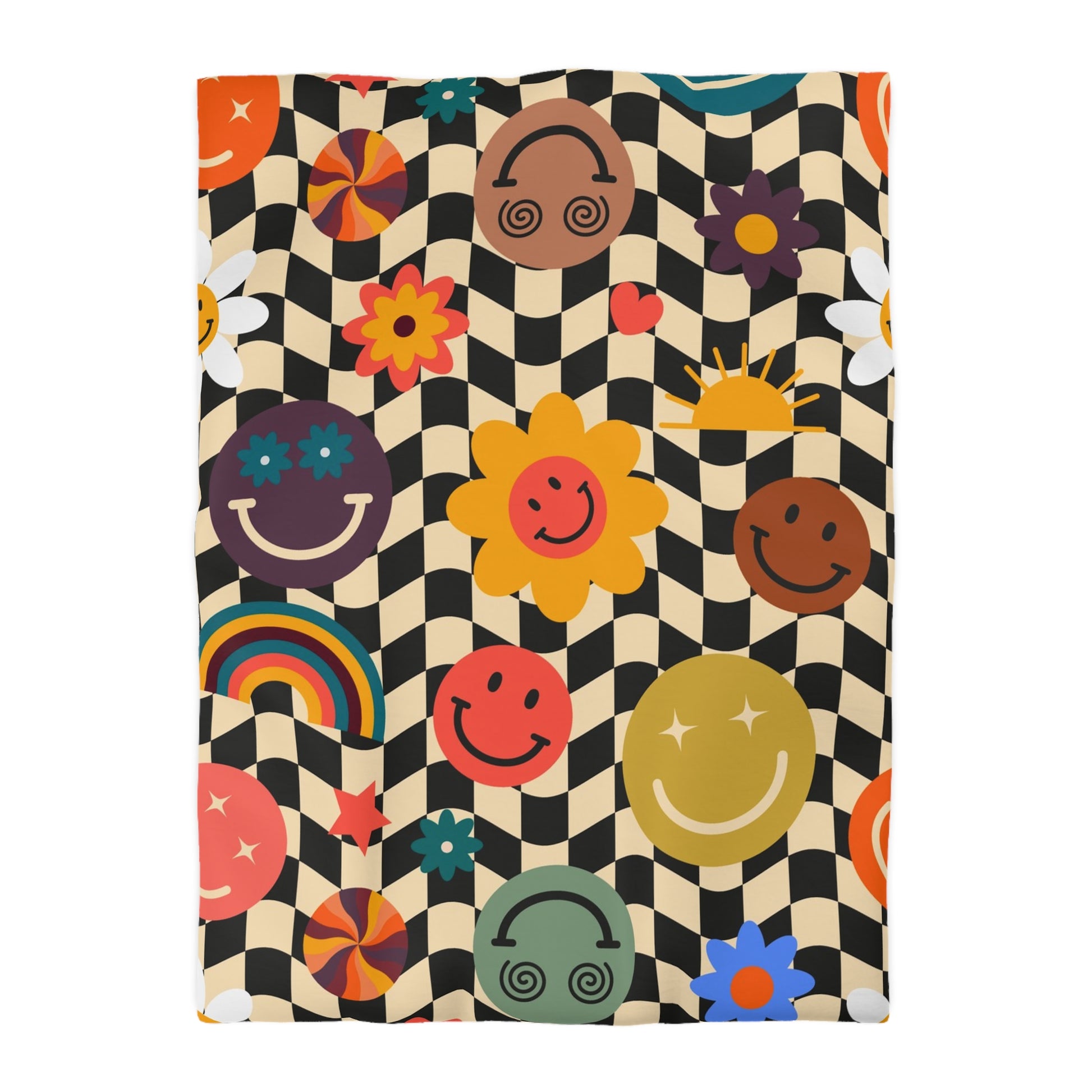 Trippy x Wavy Checkerboard x Smiley Face x Rainbow x Flowers Multi-Color Microfiber Duvet Cover, Artsulli - Art is Long, Life is Short, Home Decor, Size, Twin XL, Color, Cream, , , 24271459367356083229