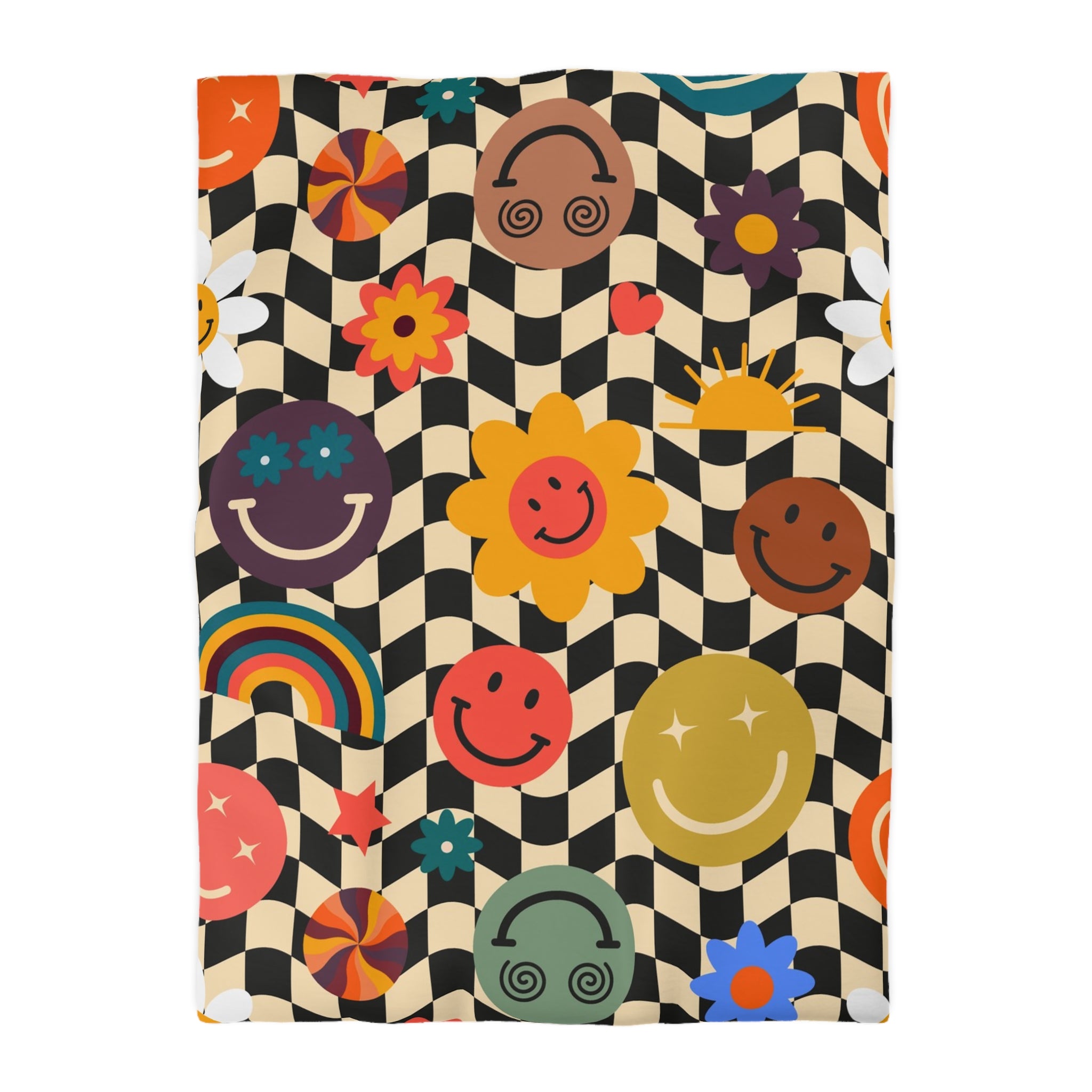 Trippy x Wavy Checkerboard x Smiley Face x Rainbow x Flowers Multi-Color Microfiber Duvet Cover, Artsulli - Art is Long, Life is Short, Home Decor, Size, Twin XL, Color, Cream, , , 24271459367356083229