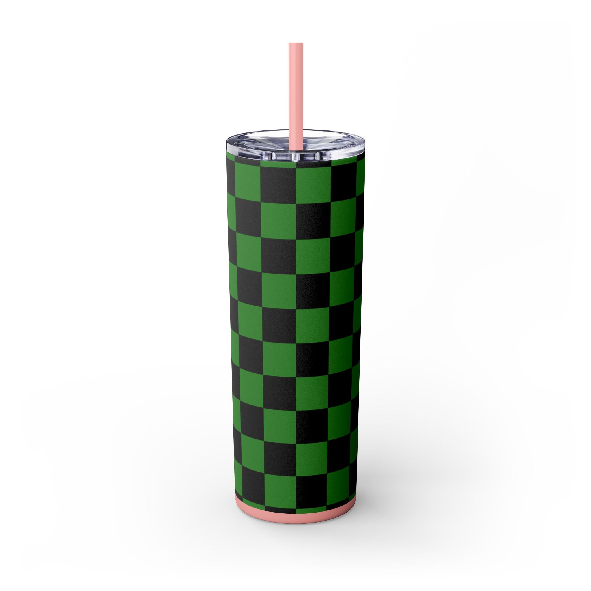 Checkerboard Green and Black Skinny Tumbler with Straw, 20oz, Artsulli - Art is Long, Life is Short, Mug, , , , , , , 