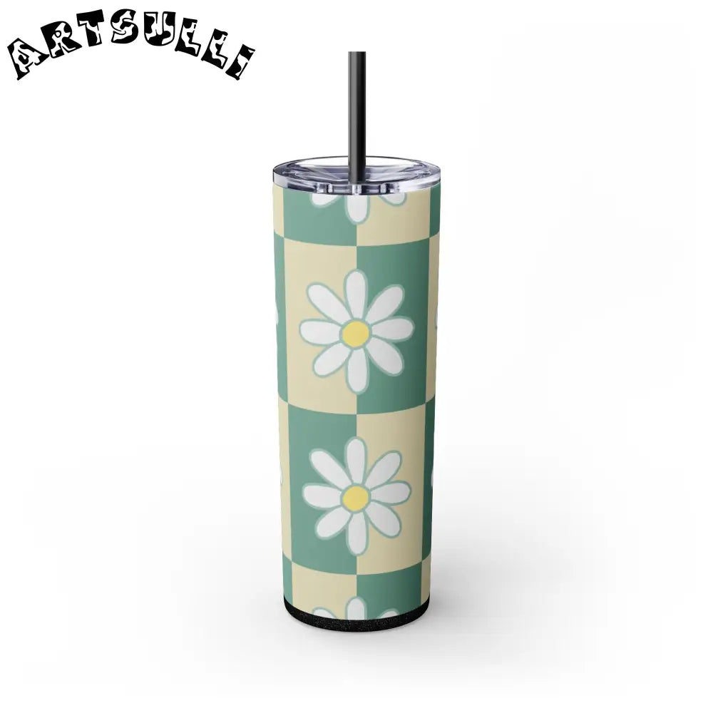 JAKKOUTTHEBXX Retro Daisy Checkerboard Green and Tan Skinny Tumbler