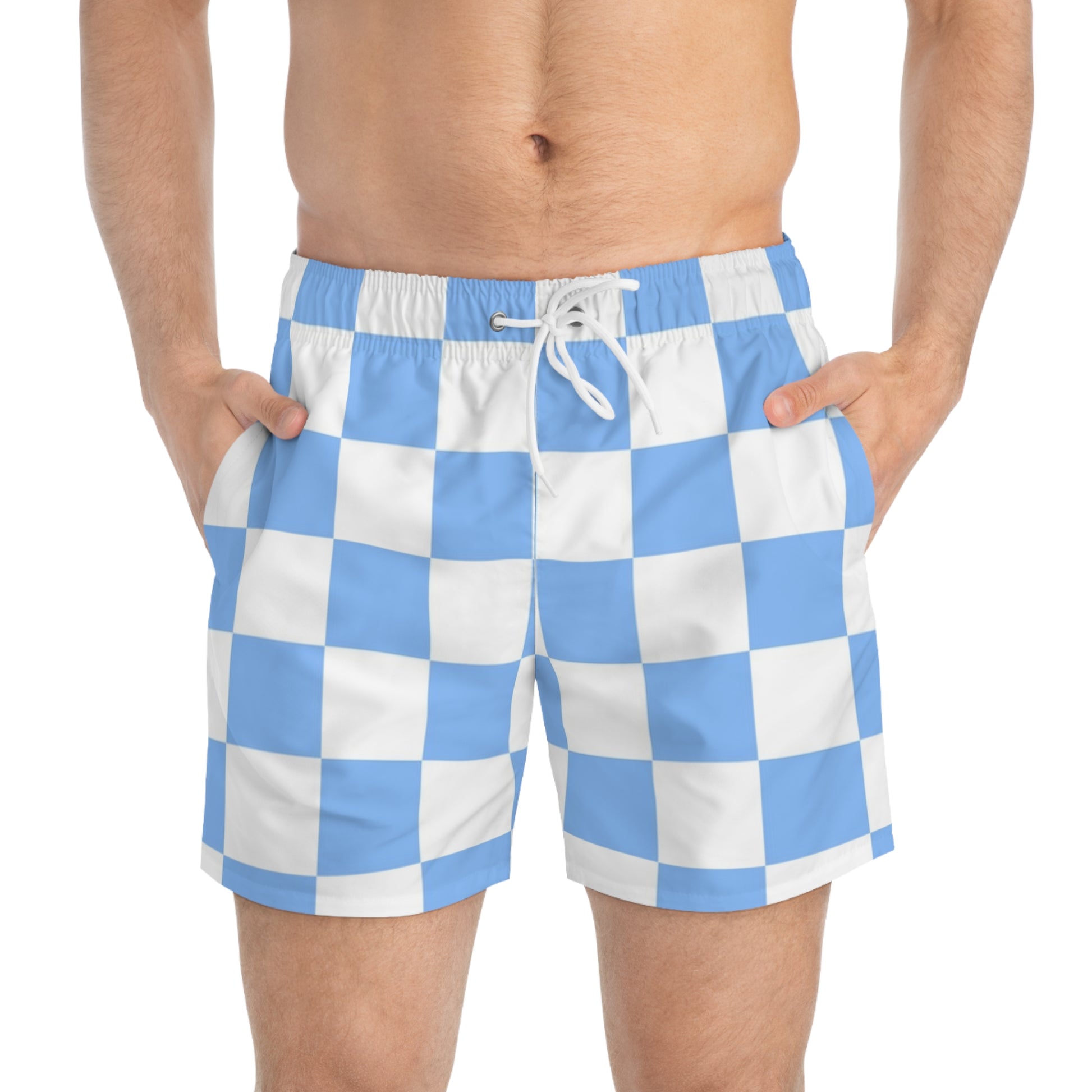 Checkerboard White and Light Blue Swim Trunks (AOP), Artsulli - Art is Long, Life is Short, All Over Prints, , , , , , , 