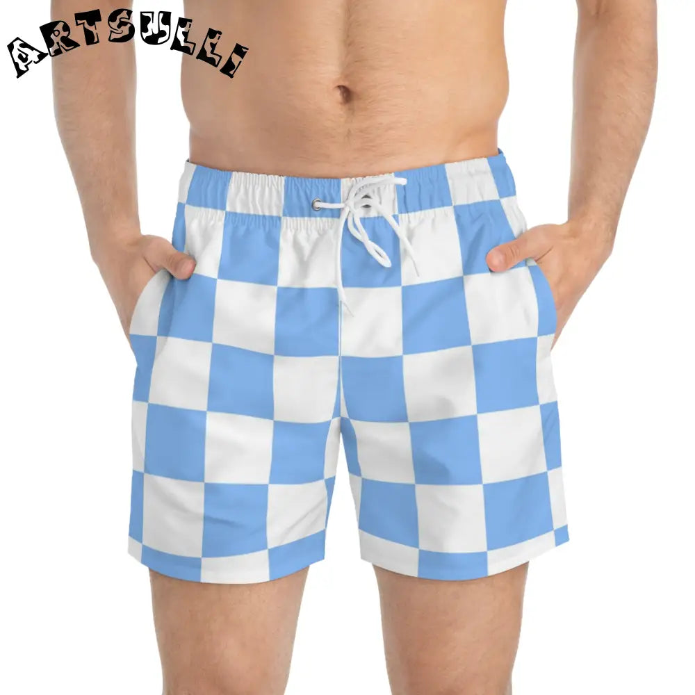 JAKKOUTTHEBXX Checkerboard White and Light Blue Swim Trunks (AOP)
