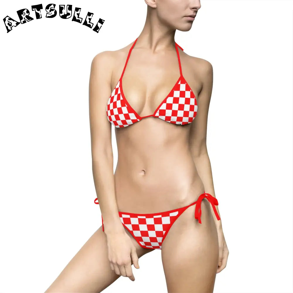 JAKKOUTTHEBXX Checkerboard Red and White Women’s Bikini Swimsuit
