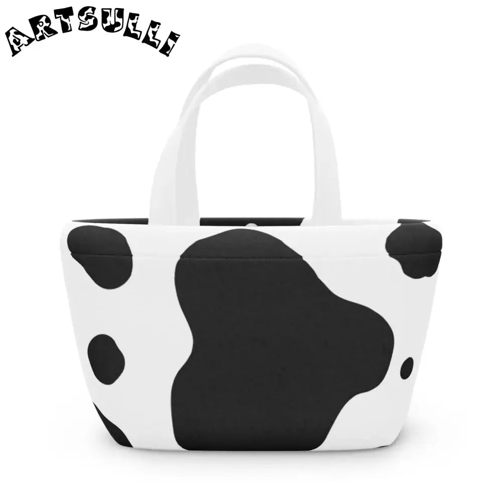 JAKKOUTTHEBXX Cow Print Mini Lunch Bag Tote with White Handles 2025