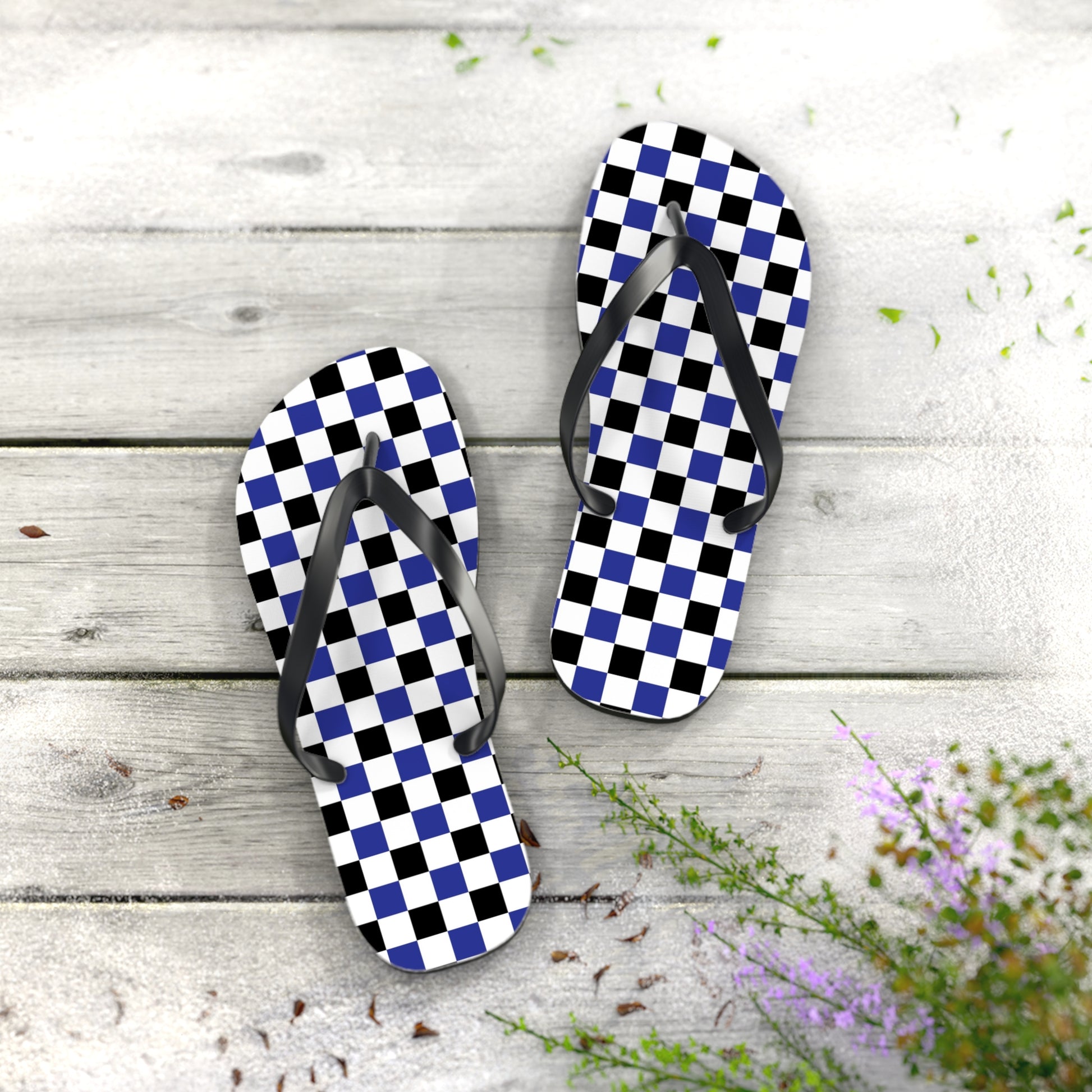 Checkerboard Blue White and Black Flip Flops, Artsulli - Art is Long, Life is Short, Shoes, , , , , , , 