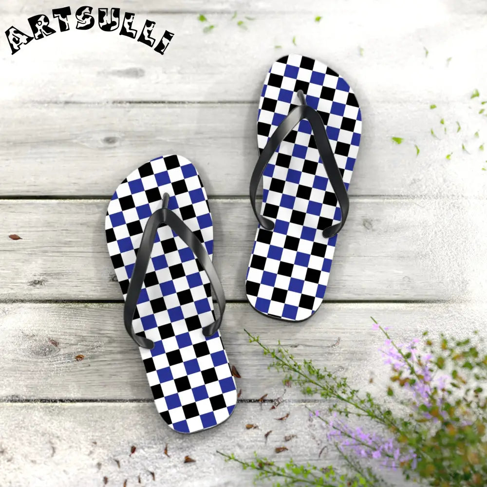 JAKKOUTTHEBXX Checkerboard Blue White and Black Flip Flops