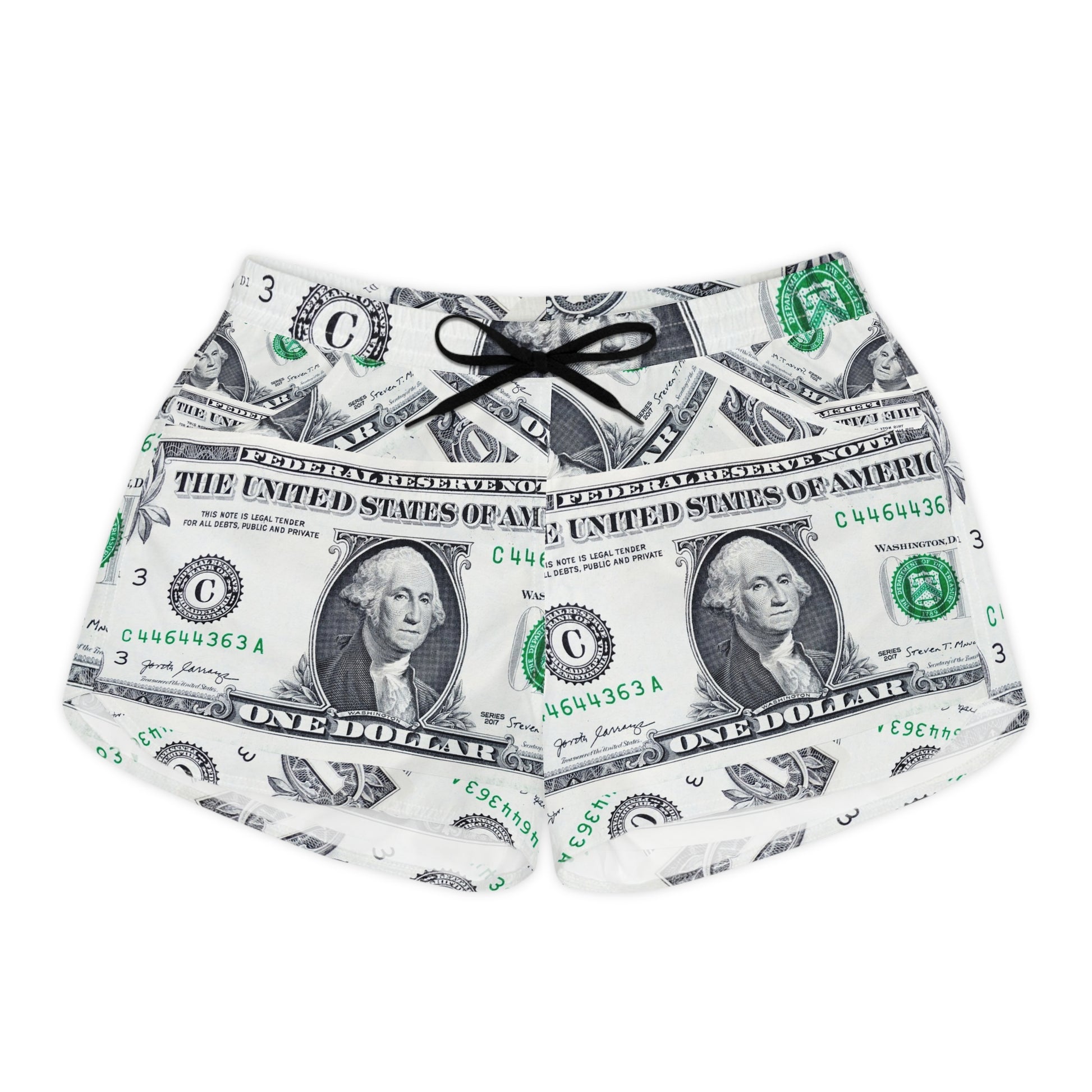 Money Collage Women's Casual Shorts (AOP), Artsulli - Art is Long, Life is Short, All Over Prints, Size, S, Color, Black drawstring, , , 19162456844673914157