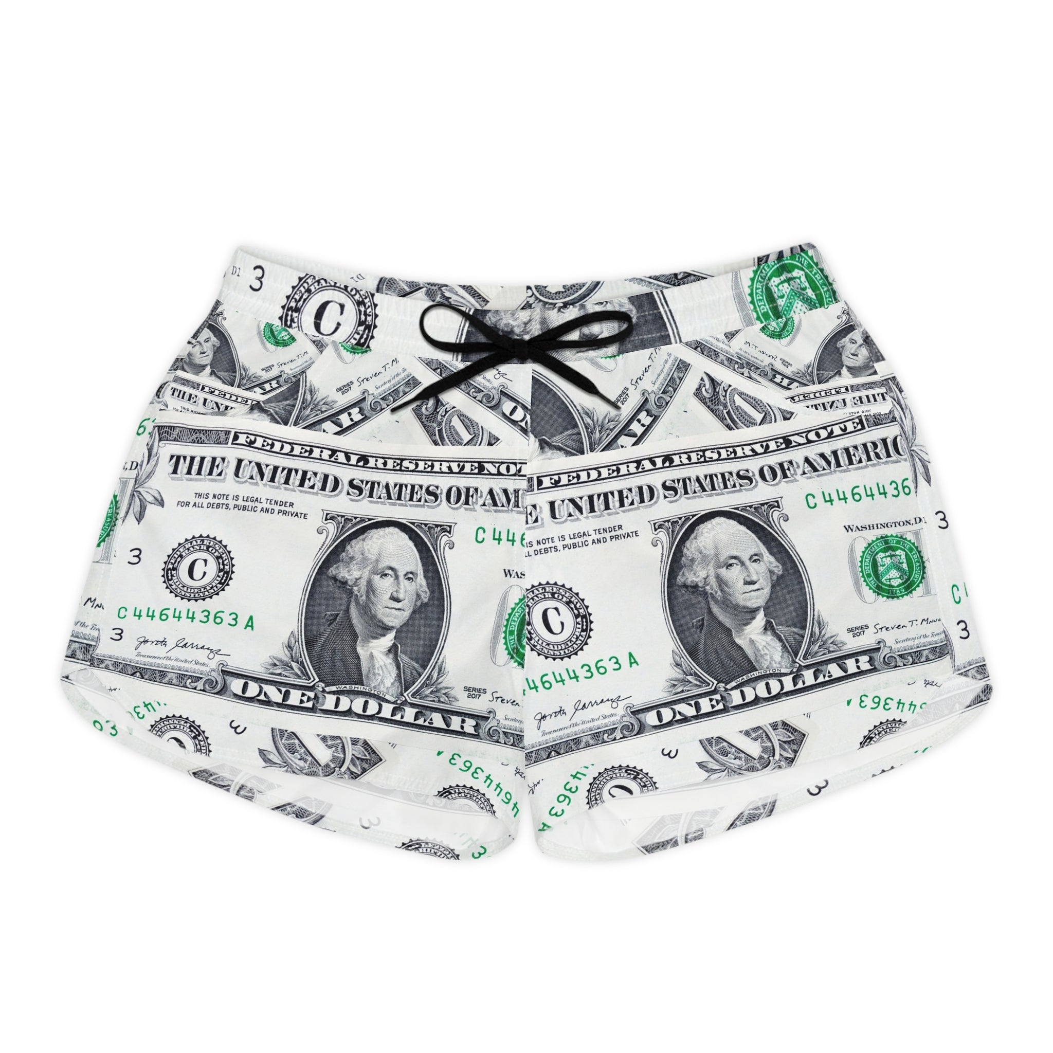 Money Collage Women's Casual Shorts (AOP), Artsulli - Art is Long, Life is Short, All Over Prints, Size, S, Color, Black drawstring, , , 19162456844673914157