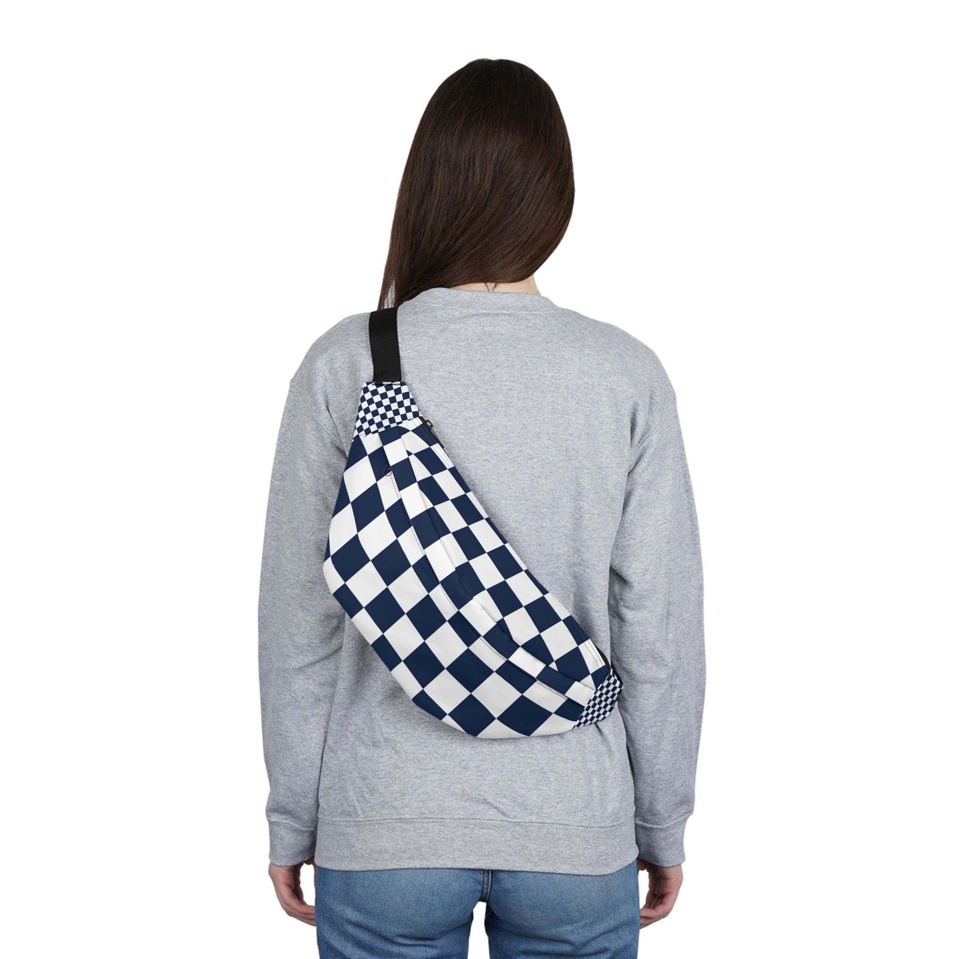 Checkerboard White and Navy Blue Large Fanny Pack, Artsulli - Art is Long, Life is Short, Bags, , , , , , , 