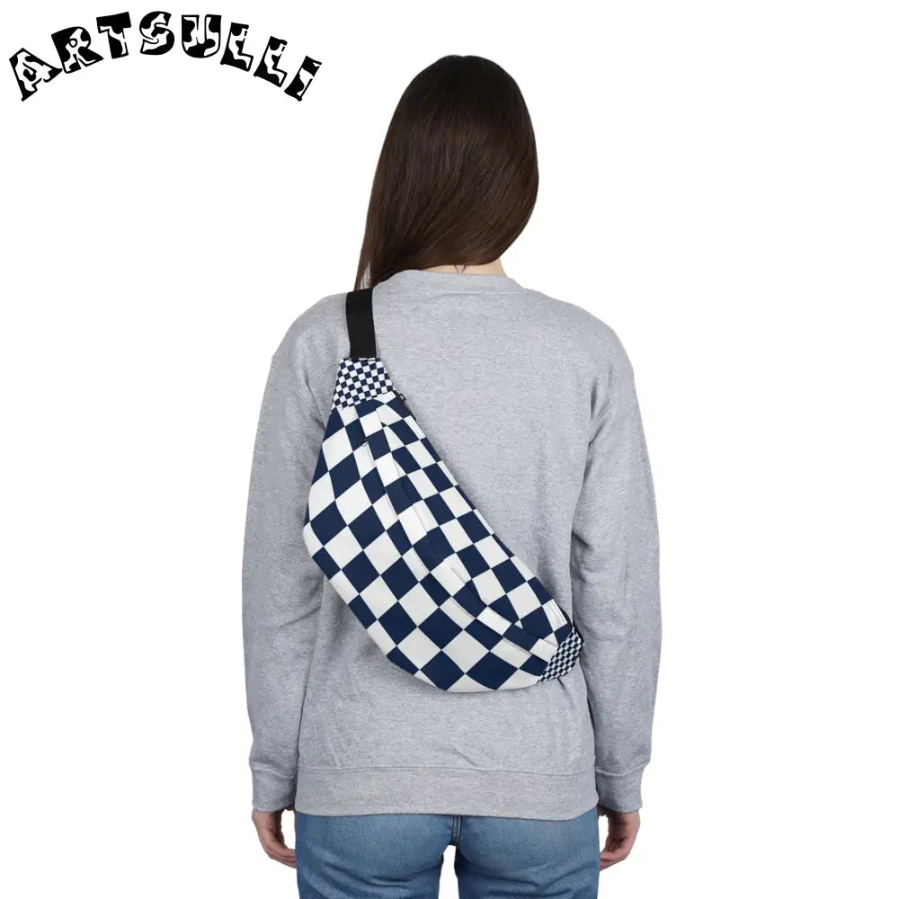 JAKKOUTTHEBXX Checkerboard White and Navy Blue Large Fanny Pack