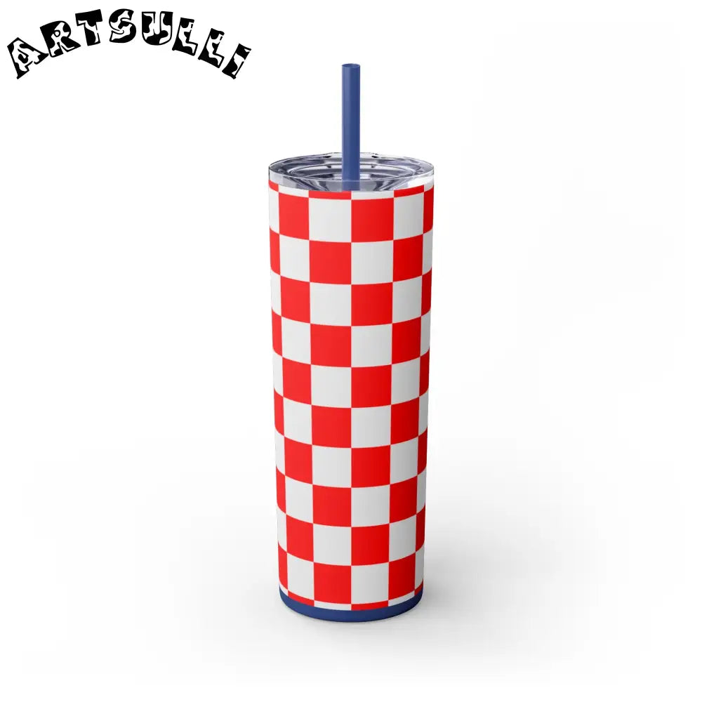 JAKKOUTTHEBXX Checkerboard Red and White Skinny Tumbler with Straw