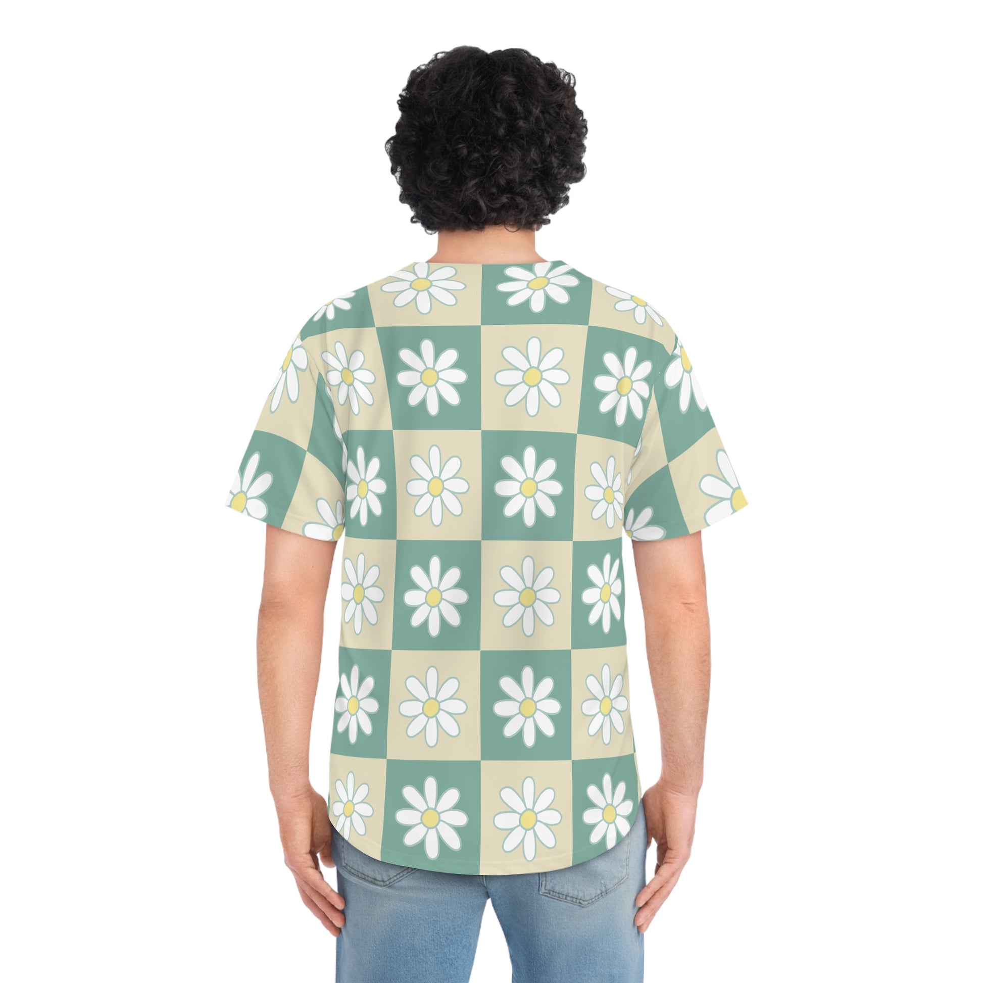 Retro Daisy Checkerboard Green and Tan Men's Baseball Jersey (AOP), Artsulli - Art is Long, Life is Short, All Over Prints, , , , , , , 