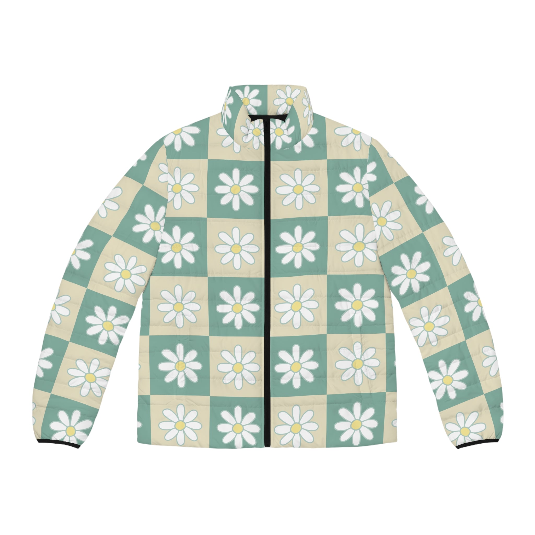Retro Daisy Checkerboard Green and Tan Men's Puffer Jacket (AOP), Artsulli - Art is Long, Life is Short, All Over Prints, Size, S, Color, Black zipper, , , 31525568992836542633
