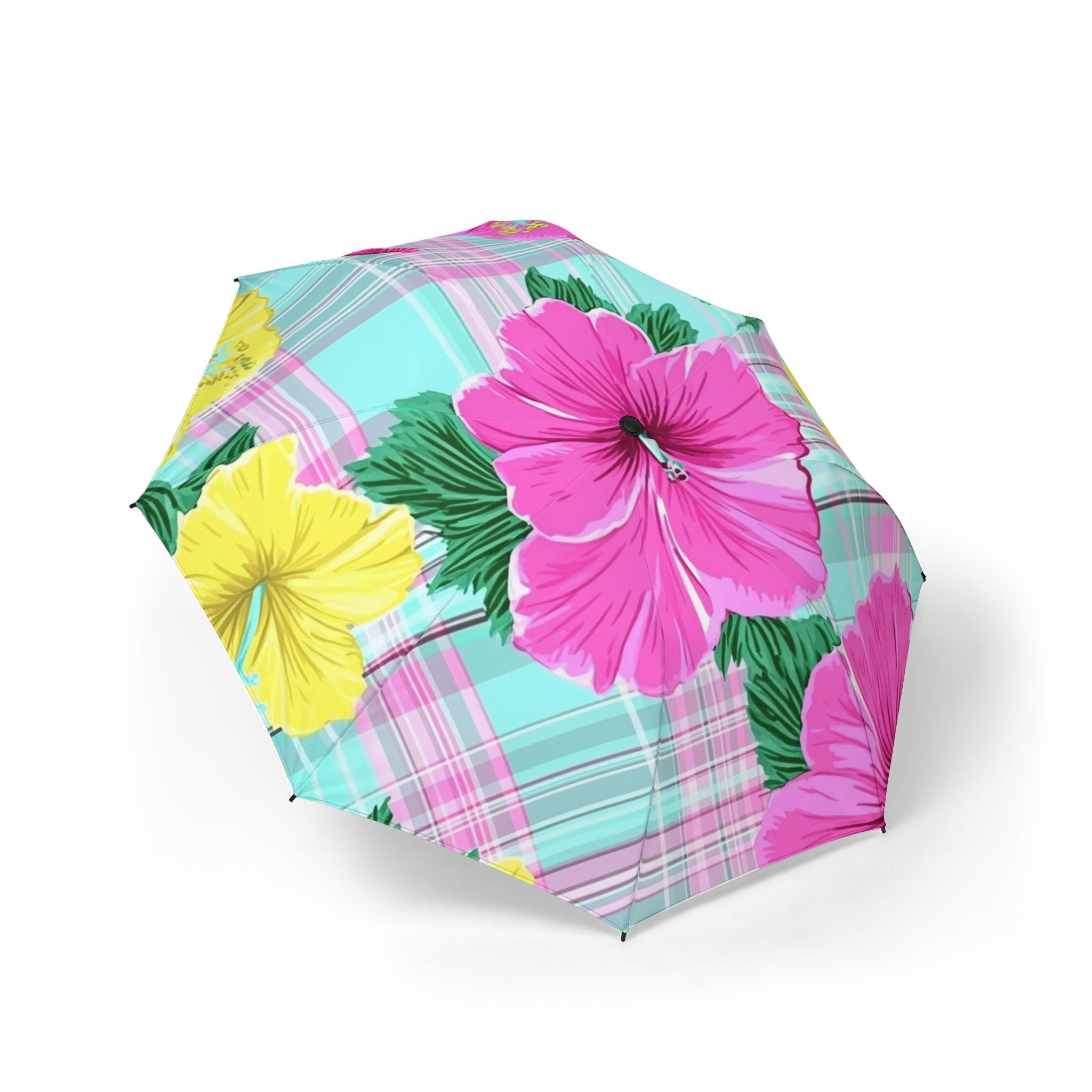 Plaid Hibiscus Pink and Yellow Semi-Automatic Foldable Umbrella, Artsulli - Art is Long, Life is Short, Accessories, Size, One size, , , , , 12179469049650727452