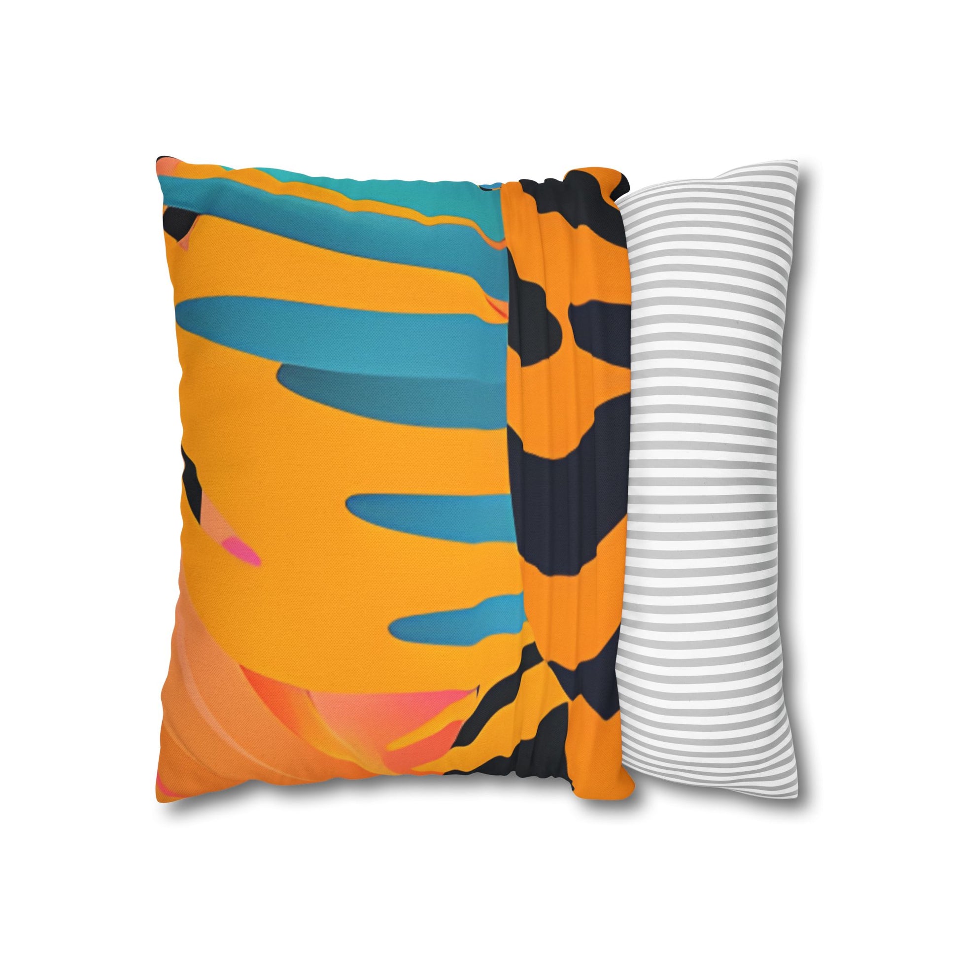 Palm Leaves x Tiger Stripes Orange and Blue Spun Polyester Square Pillowcase, Artsulli - Art is Long, Life is Short, Home Decor, , , , , , , 