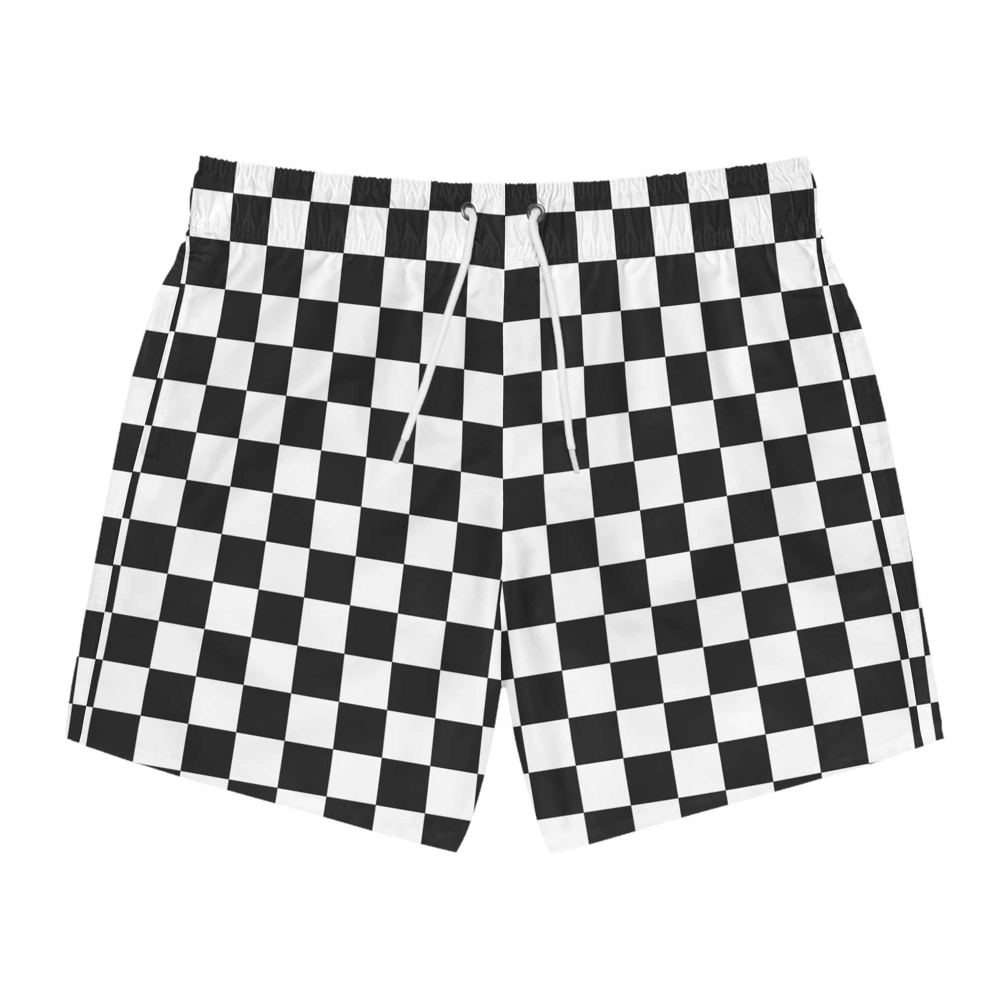 Checkerboard White and Black Swim Trunks (AOP), Artsulli - Art is Long, Life is Short, All Over Prints, Size, XS, Color, Seam thread color automatically matched to design, , , 23155843540949077920