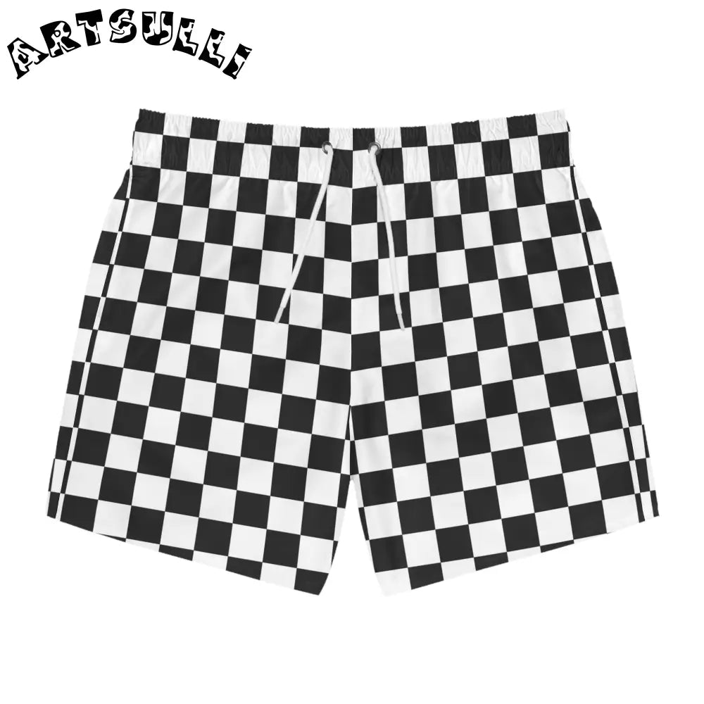 JAKKOUTTHEBXX Checkerboard White and Black Swim Trunks (AOP)