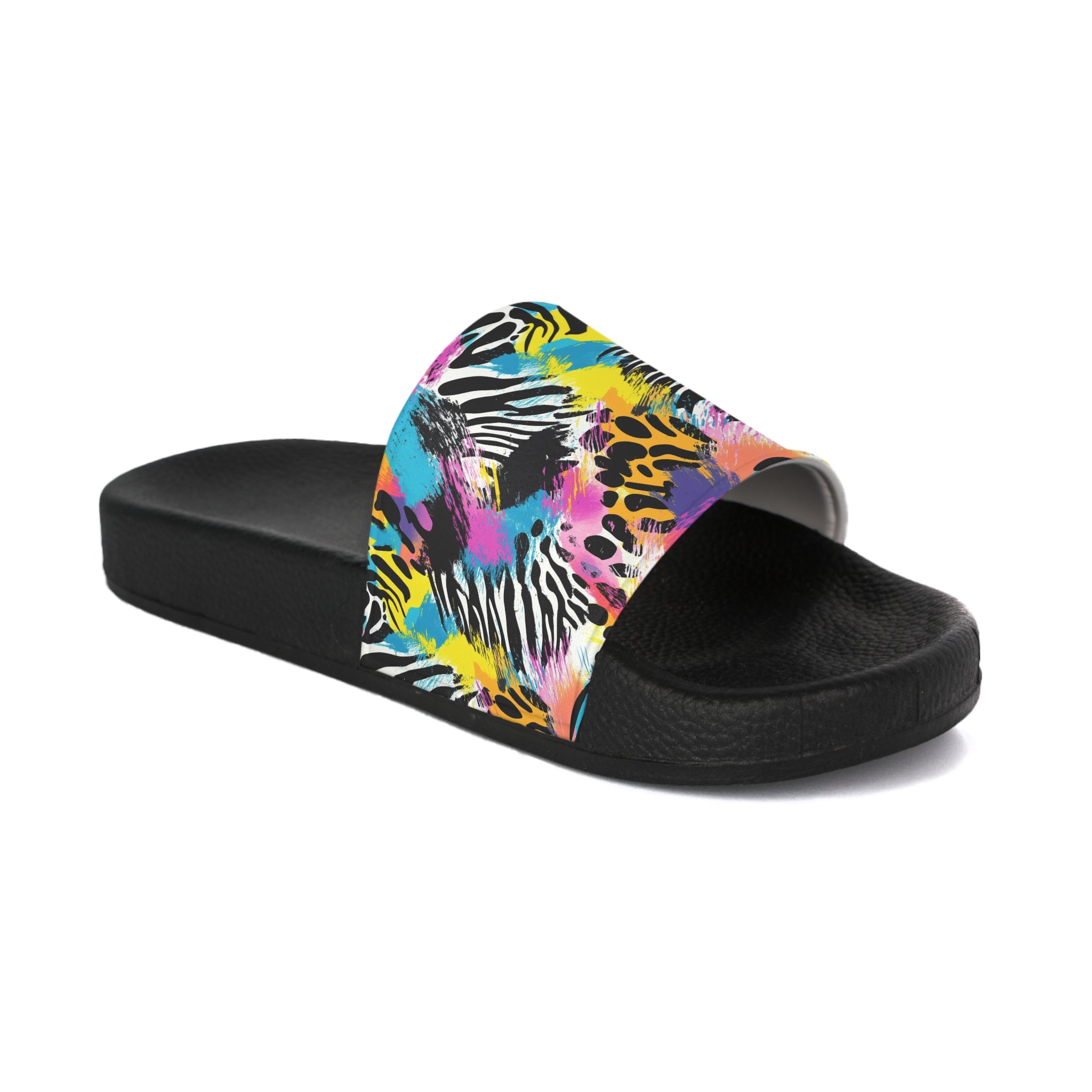Zebra Stripes x Leopard Print x Paint Splatter Multi-Color II Women's Slide Sandals, Artsulli - Art is Long, Life is Short, Shoes, Color, Black sole, Size, US 5, , , 17779969243853