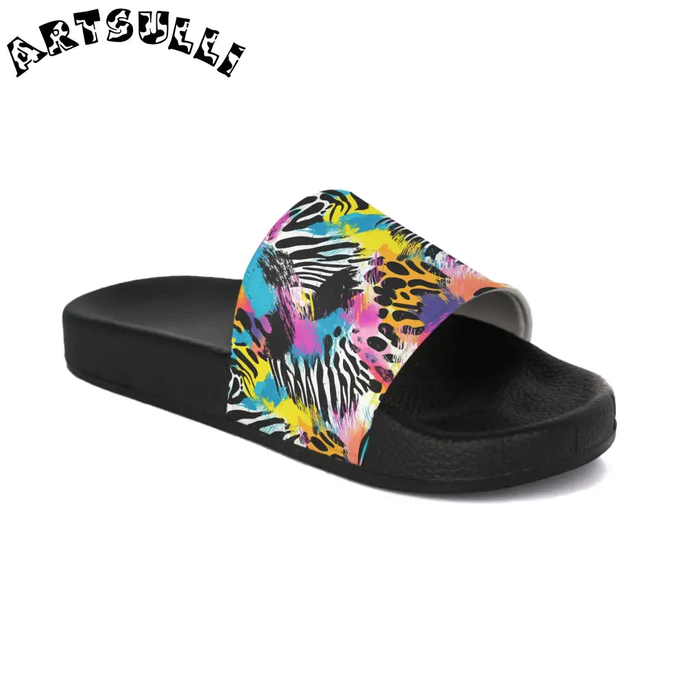 Zebra Stripes x Leopard Print x Paint Splatter Multi-Color II Women's Slide Sandals, Artsulli - Art is Long, Life is Short, Shoes, Color, Black sole, Size, US 5, , , 17779969243853