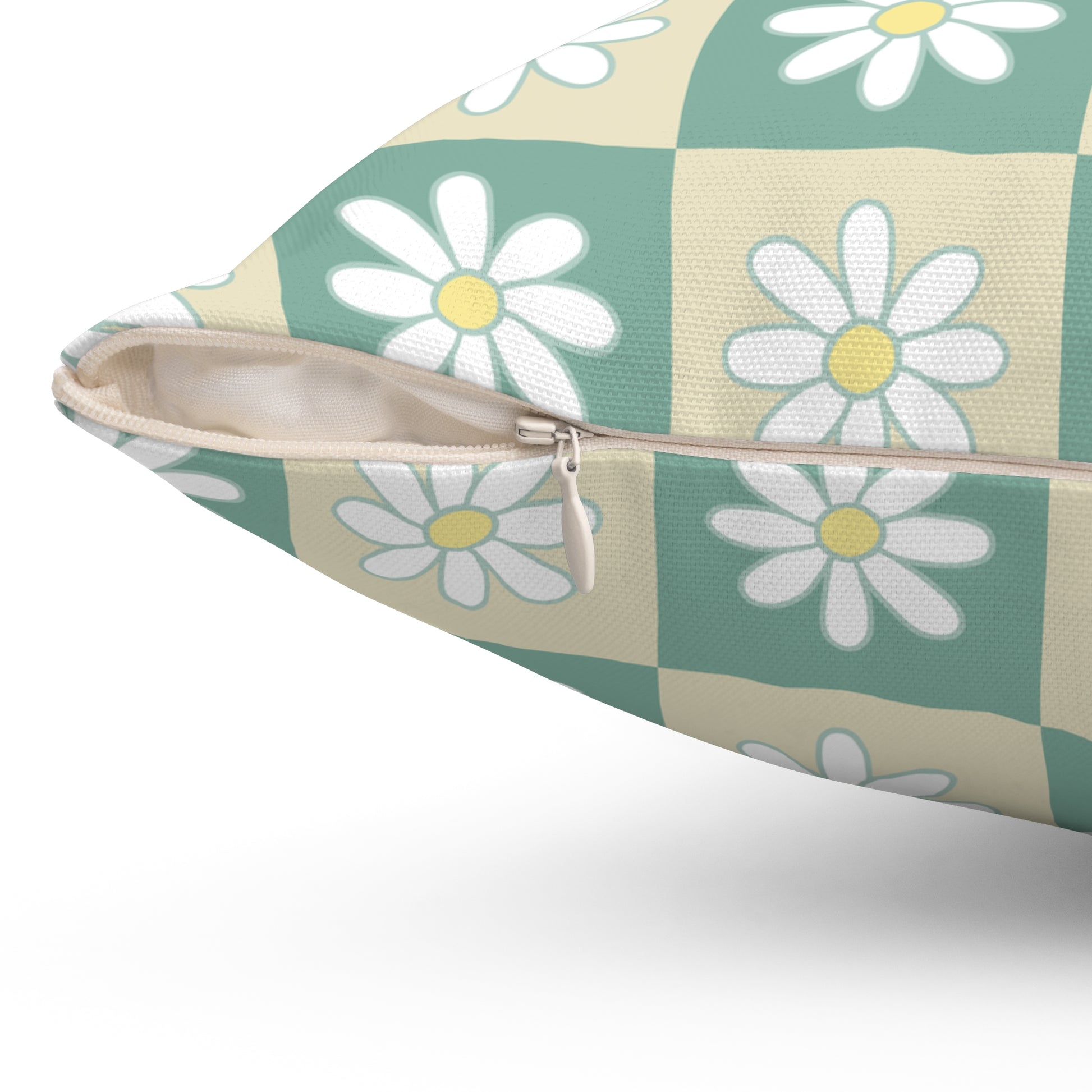 Retro Daisy Checkerboard Green and Tan Spun Polyester Square Pillow, Artsulli - Art is Long, Life is Short, Home Decor, , , , , , , 