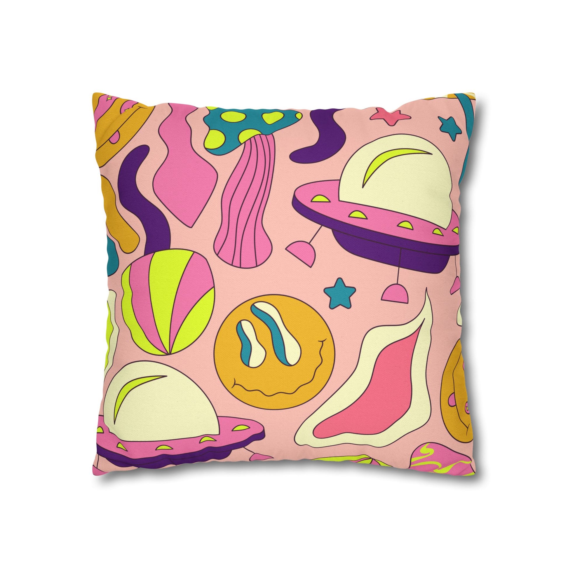Trippy Spaceships Pink Spun Polyester Square Pillowcase, Artsulli - Art is Long, Life is Short, Home Decor, , , , , , , 