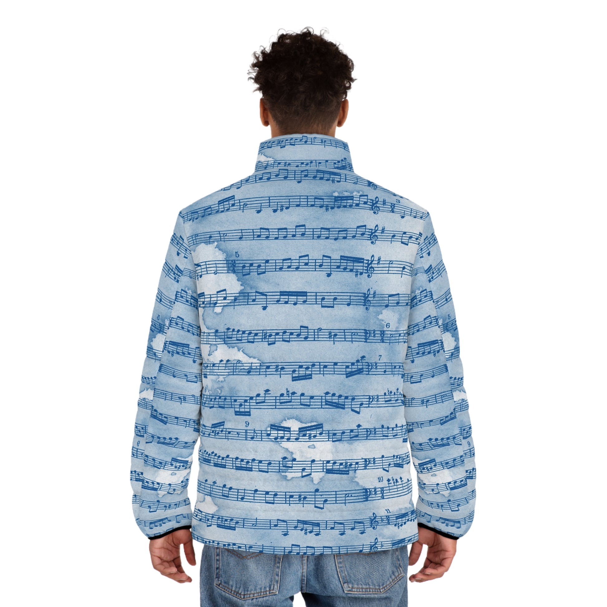Drip Spill Type Beat Sheet Music Blue Men's Puffer Jacket (AOP), Artsulli - Art is Long, Life is Short, All Over Prints, , , , , , , 
