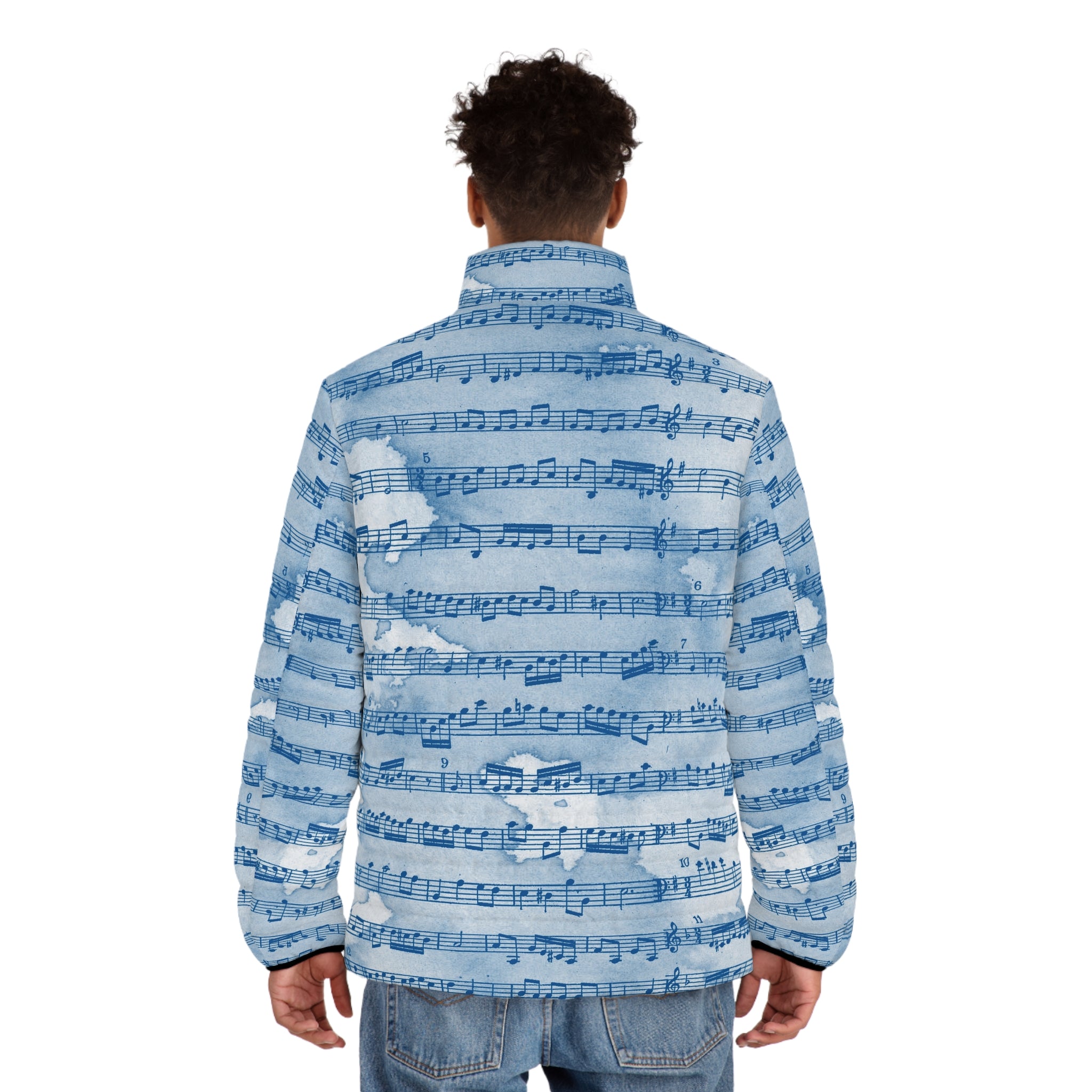 Drip Spill Type Beat Sheet Music Blue Men's Puffer Jacket (AOP), Artsulli - Art is Long, Life is Short, All Over Prints, , , , , , , 