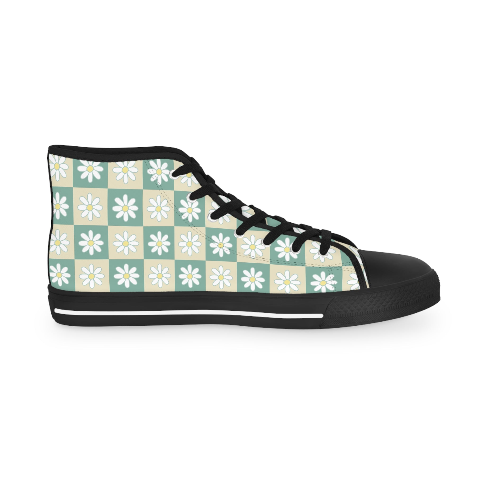 Retro Daisy Checkerboard Green and Tan Men's High Top Sneakers, Artsulli - Art is Long, Life is Short, Shoes, , , , , , , 