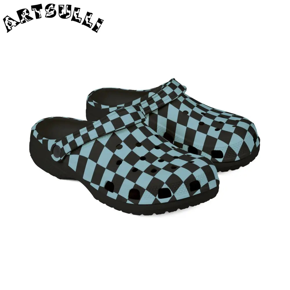 JAKKOUTTHEBXX Checkerboard Black and Blue EVA Foam Rubber Shoes
