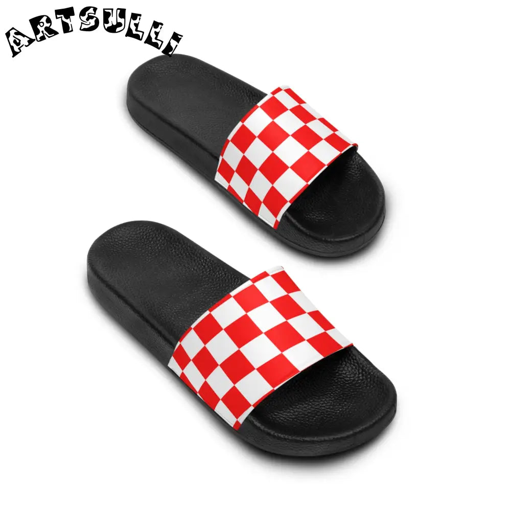 JAKKOUTTHEBXX Checkerboard Red and White Men’s Slide Sandals