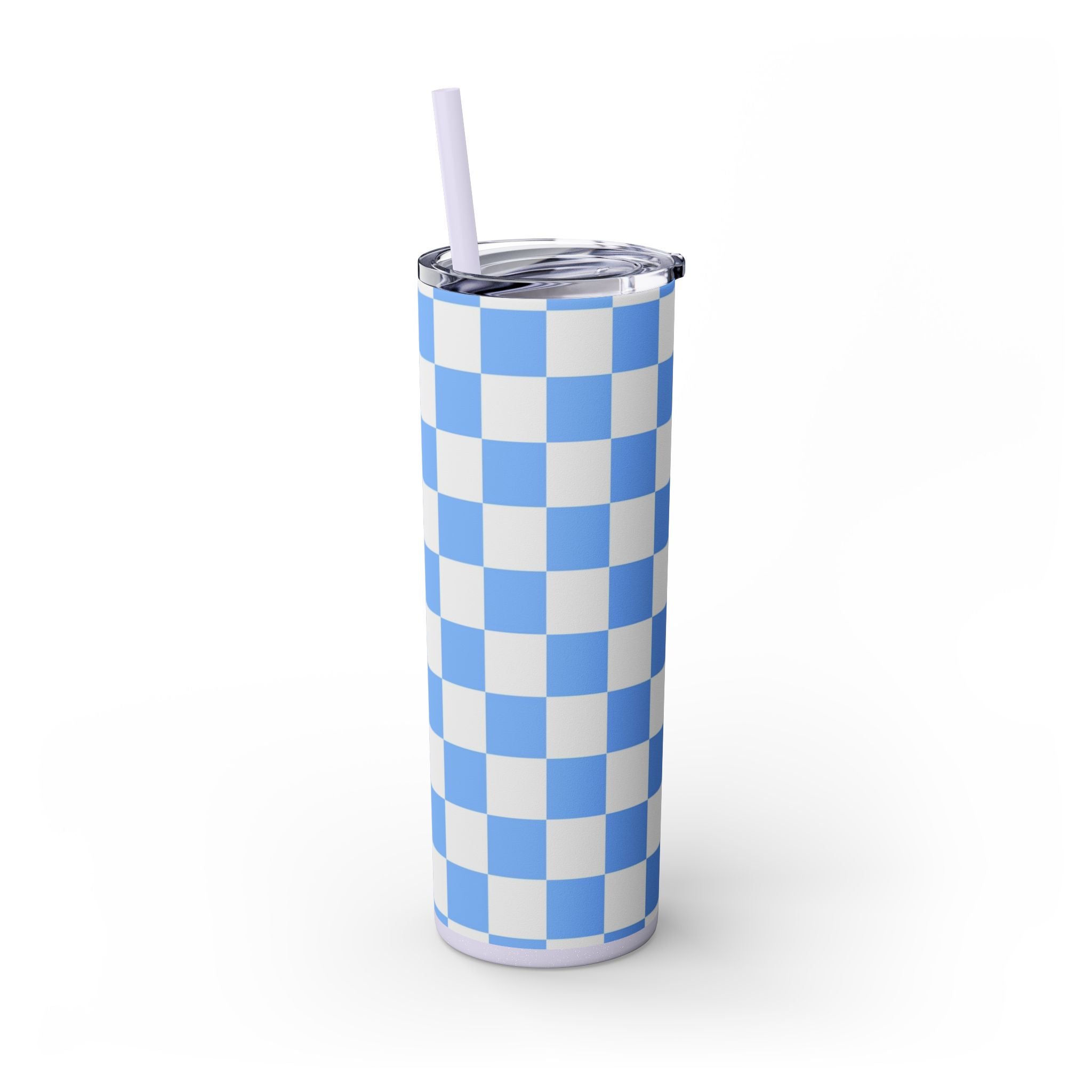 Checkerboard White and Light Blue Skinny Tumbler with Straw, 20oz, Artsulli - Art is Long, Life is Short, Mug, , , , , , , 