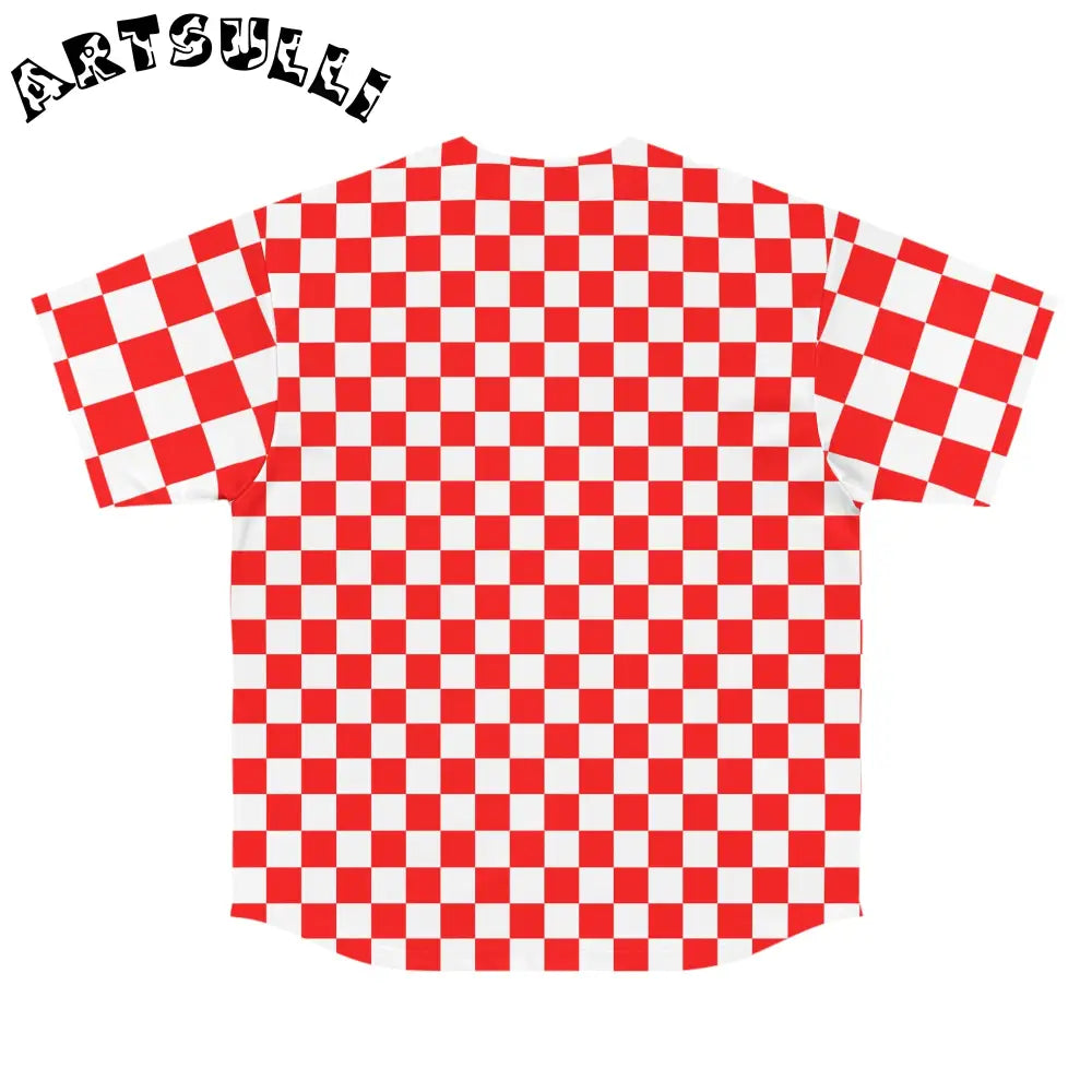 JAKKOUTTHEBXX Checkerboard II Red and White Men’s Baseball Jersey
